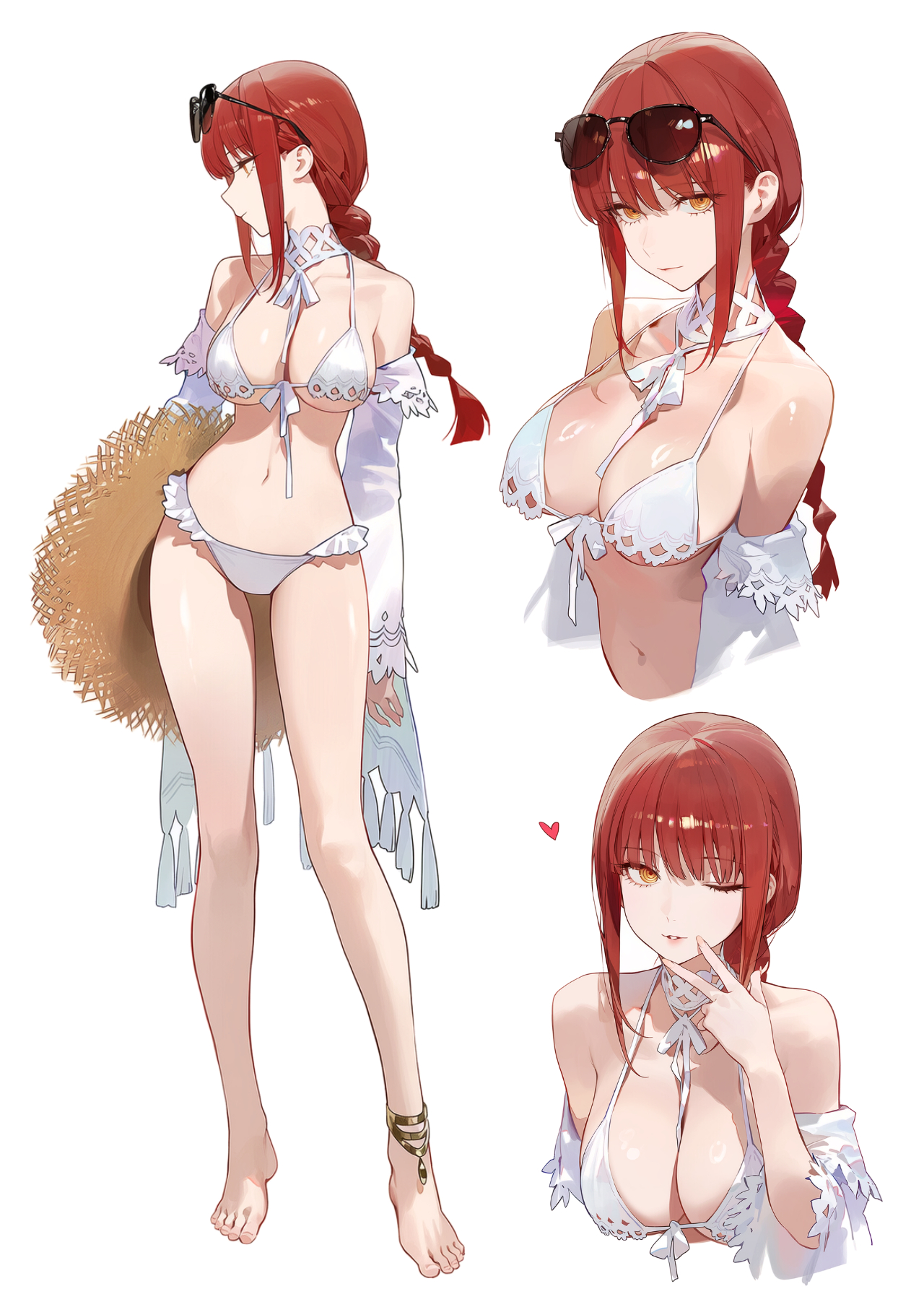 1girls, ai generated, bangs, bare shoulders, barefoot, big breasts, bikini, blush, braid, breasts, chainsaw man, cleavage, collarbone, drowsy sheep, female, hat, headwear removed, heart, jewelry, large breasts, long hair, looking at viewer, makima (chainsaw man), multiple views, navel, one eye closed, red hair, ribbon, smile, straw hat, swimsuit, white bikini, yellow eyes