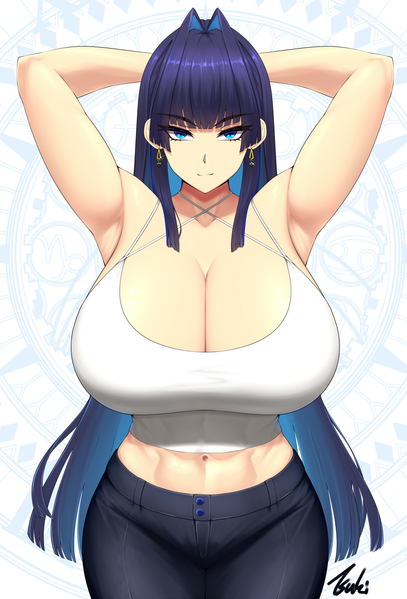 1girls, abs, armpits, arms behind back, belly button, big breasts, big eyebrows, big hips, black jeans, blue eyes, blue hair, breasts, breasts bigger than head, earrings, female, female only, hips, hololive, hololive english, hololive english -council-, hololive english -promise-, huge breasts, jeans, long hair, looking at viewer, ouro kronii, pale skin, signature, tagme, tight clothing, tsuki riven, virtual youtuber, vtuber
