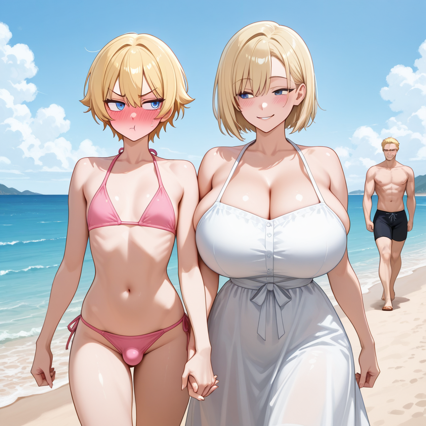 1boy, 1man, 1woman, ai generated, beach, bikini, blonde hair, blue eyes, blush, cloud, clouds, crossdressing, feminization, holding hands, huge breasts, humiliated, humiliating, humiliation, humiliation fetish, mommy, mommy dom, mommy kink, mountain, pink bikini, pout, pouting, public, qqcutie, short hair, shorts, sissy, sky, smirk, smirking, thin waist, walking, water, wide hips