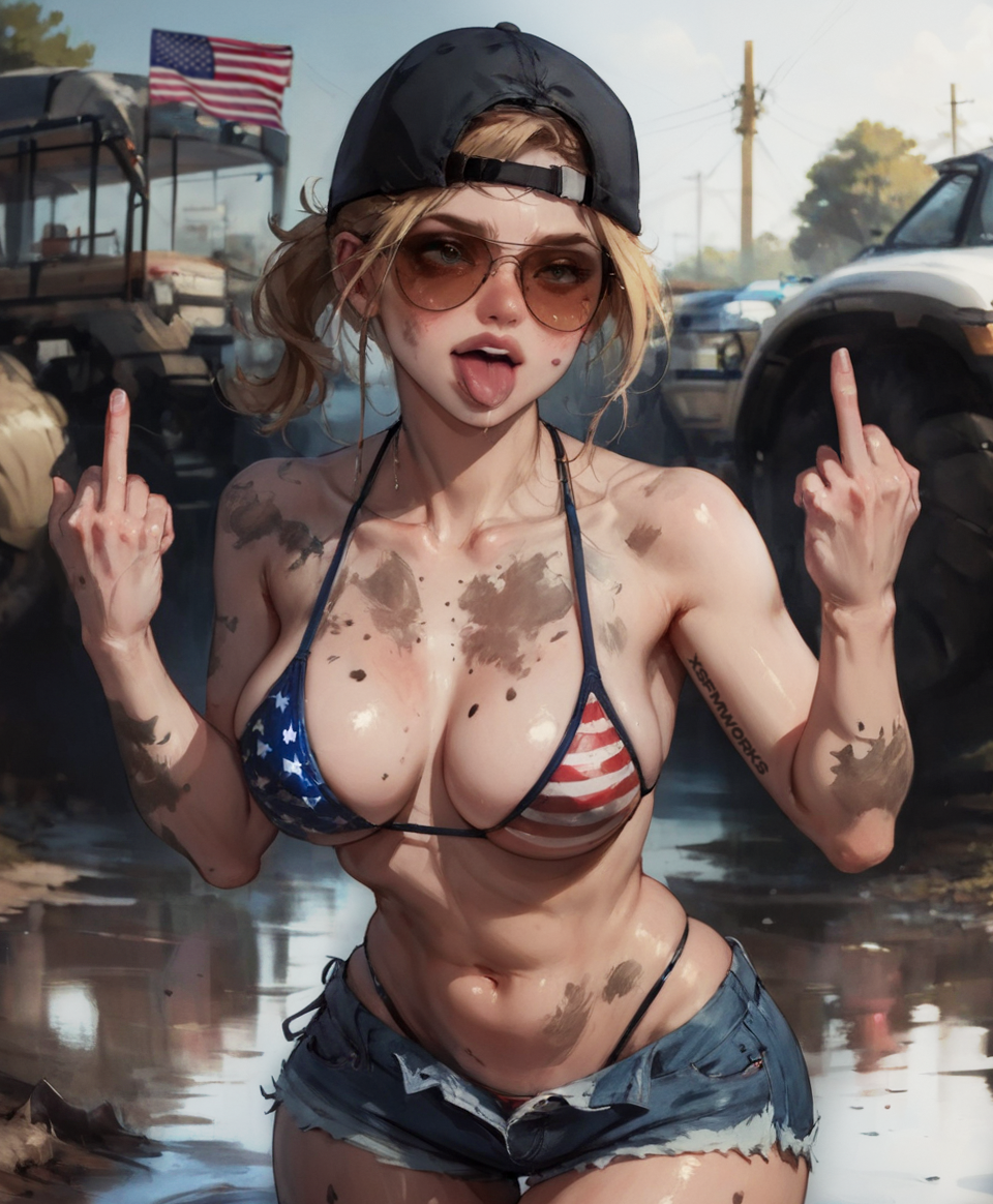 1girls ai_generated america american_flag american_flag_bikini american_flag_swimsuit aviator_sunglasses backwards_hat bare_shoulders baseball_cap bikini bikini_top bikini_under_clothes blonde_hair blue_eyes blue_shorts breasts brown-tinted_eyewear car cleavage clothing cutoffs day denim denim_shorts dirty female female_only flag_print flag_print_bikini flag_print_swimsuit grand_theft_auto_vi ground_vehicle hair_through_headwear hat headwear highleg highleg_bikini large_breasts lips long_hair looking_at_viewer medium_breasts megane micro_shorts middle_finger midriff mole motor_vehicle navel open_fly open_mouth original outdoors ponytail print_bikini print_swimsuit round_eyewear shiny shiny_skin short_hair short_shorts shorts skindentation sky smile solo standing sunglasses sweat swimsuit tattoo teeth thighs thong_bikini tied_hair tinted_eyewear tongue tongue_out unbuttoned unzipped vehicle veins xsfmworks