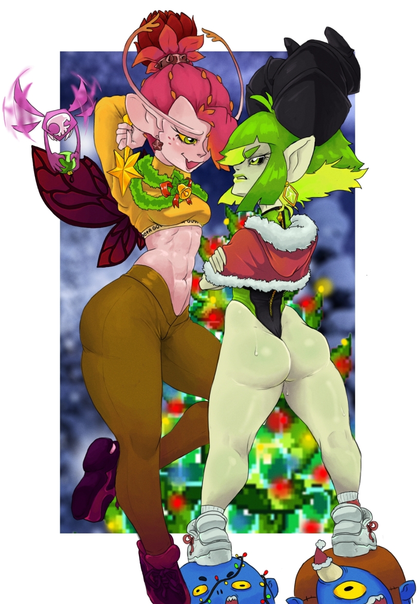 abs blue_skin christmas dark_willow green_hair green_skin ogre_magi pink_skin pugna thick_thighs