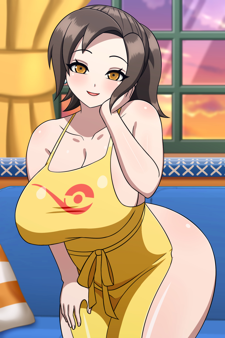 1girls alternate_version_available apron apron_only big_breasts breasts brown_hair cleavage female female_only game_freak hair hips huge_breasts mature mature_female mature_woman milf mother mother_(pokemon_sv) naked_apron pokemon pokemon_sv solo solo_female wide_hips yellow_apron yellow_eyes yensh