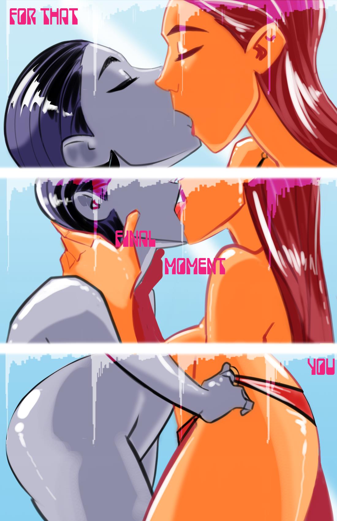 batnipsforever, breasts, comic, female, kissing, multiple females, multiple girls, raven (dc), starfire, teen titans, text, yuri