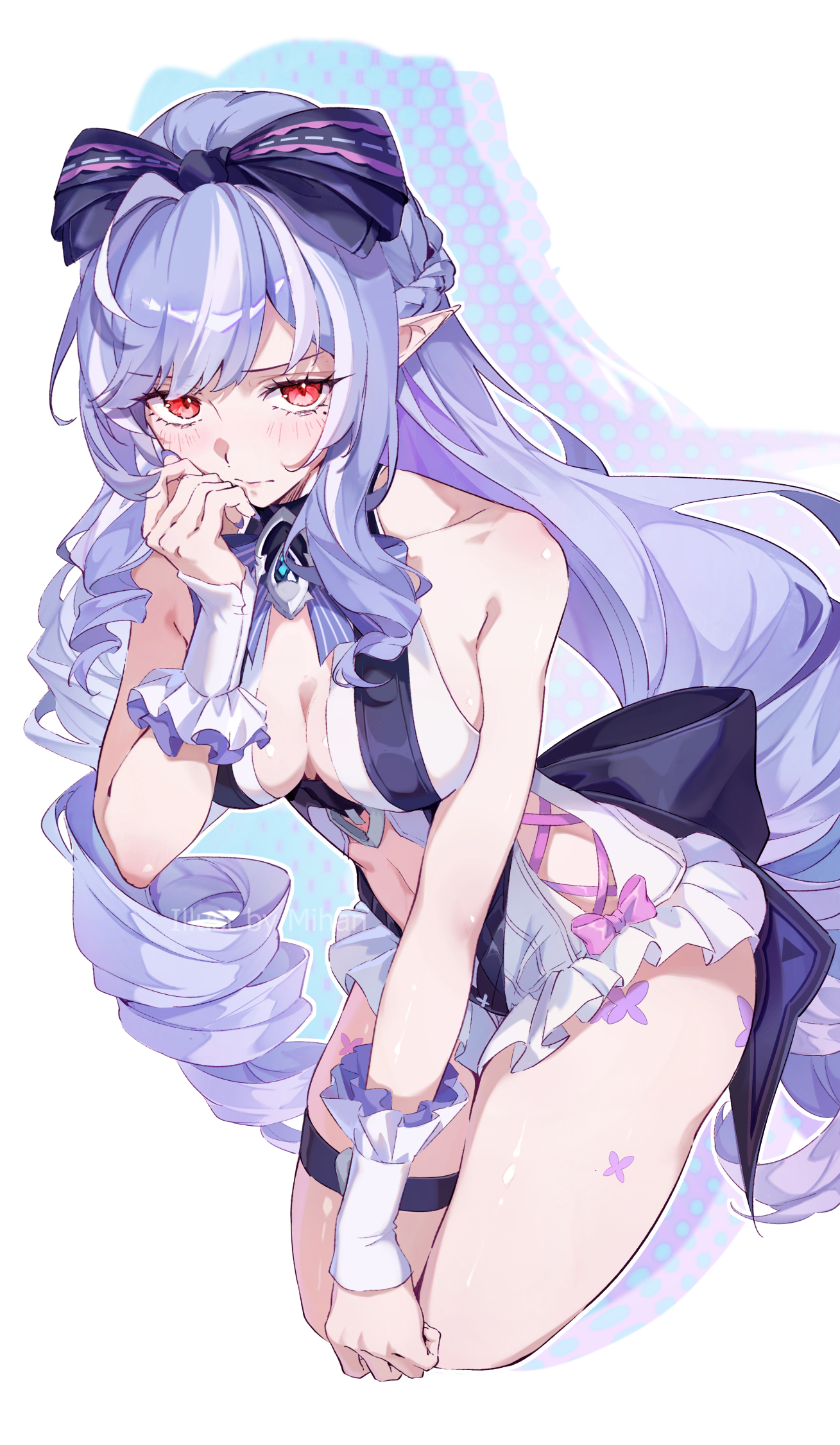 1girls, breasts, exposed breasts, female, hoyoverse, legs, long hair, mihan art, mihoyo, official alternate costume, purple hair, red eyes, swimsuit, vivian banshee, vivian banshee (iris of the shore), white swimsuit, zenless zone zero