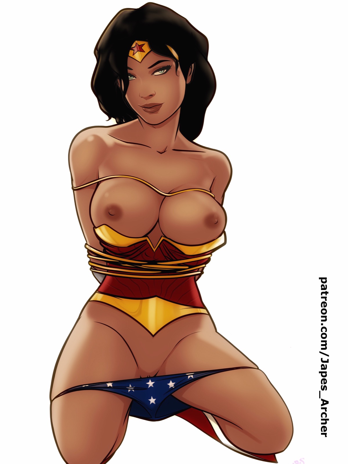 1girls, areolae, arms behind back, bare shoulders, bdsm, black hair, blue eyes, bondage, boots, bracelet, breasts, breasts out, dc, dc comics, diana prince, female, female only, femsub, high resolution, japes, jewelry, justice league, kneeling, large breasts, lasso of truth, legs, long hair, nipples, pants, pussy, rope bondage, shoes, solo, spread legs, superheroine, thighs, tiara, vagina, wonder woman, wonder woman (series)