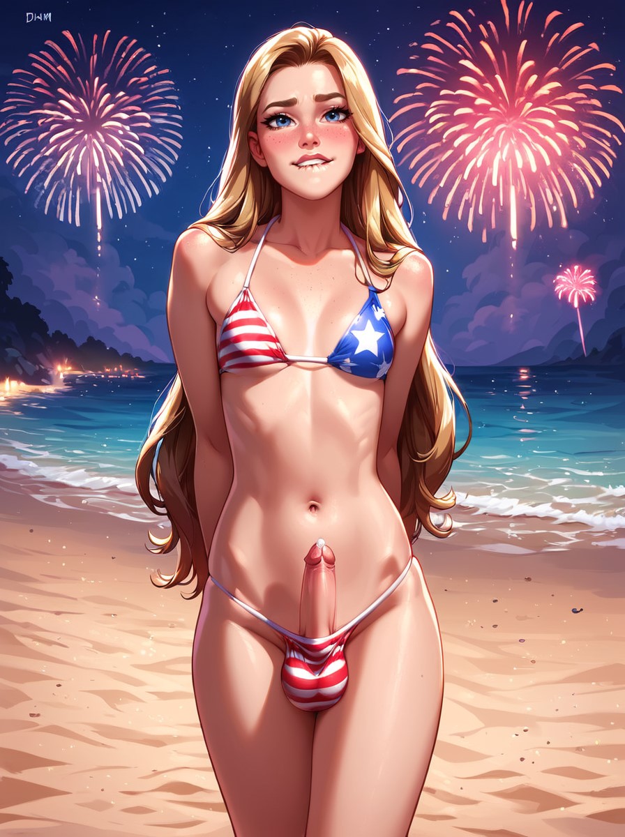 1futa 4th_of_july ai_generated american_flag_bikini ball_bulge balls balls_in_panties balls_under_clothes beach dickgirl embarrassed erect_penis erection flat_chest futa_only futanari intersex looking_at_viewer makychan mostly_clothed outdoors outside panties panty_bulge partially_clothed patriotic_clothing penis penis_out precum precum_drip