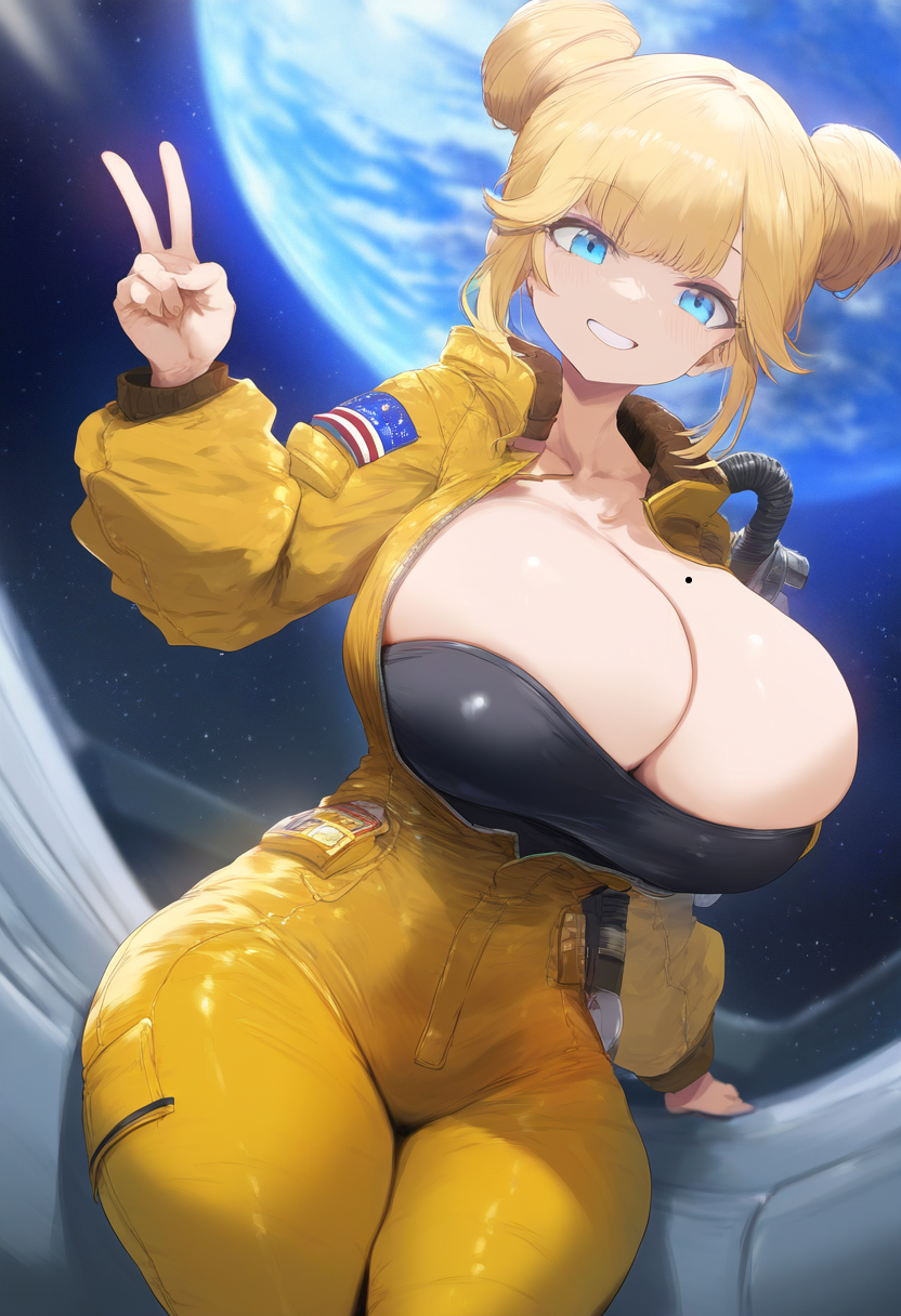 ai_generated ameanon astronaut big_breasts blonde_hair blue_eyes bodysuit breasts cleavage double_bun hololive hololive_english hololive_myth huge_breasts large_breasts mole_on_breast peace_sign sideboob thick_thighs tubetop virtual_youtuber vtuber watson_amelia