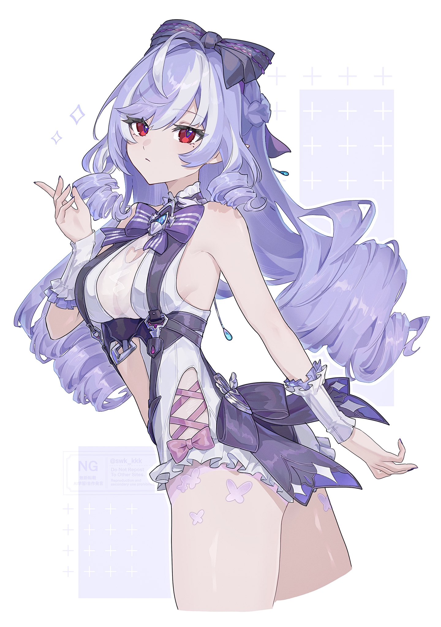 1girls, breasts, exposed breasts, female, hoyoverse, legs, long hair, mihoyo, official alternate costume, purple hair, red eyes, swimsuit, swk kkk, vivian banshee, vivian banshee (iris of the shore), white swimsuit, zenless zone zero
