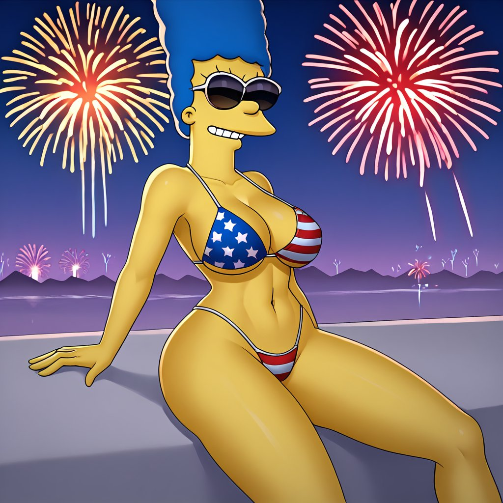 1female 1girls 4th_of_july ai_generated american_flag_bikini bikini blue female female_only fourth_of_july hair marge_simpson margeenjoyer milf smiling solo solo_female the_simpsons usa_bikini yellow_skin