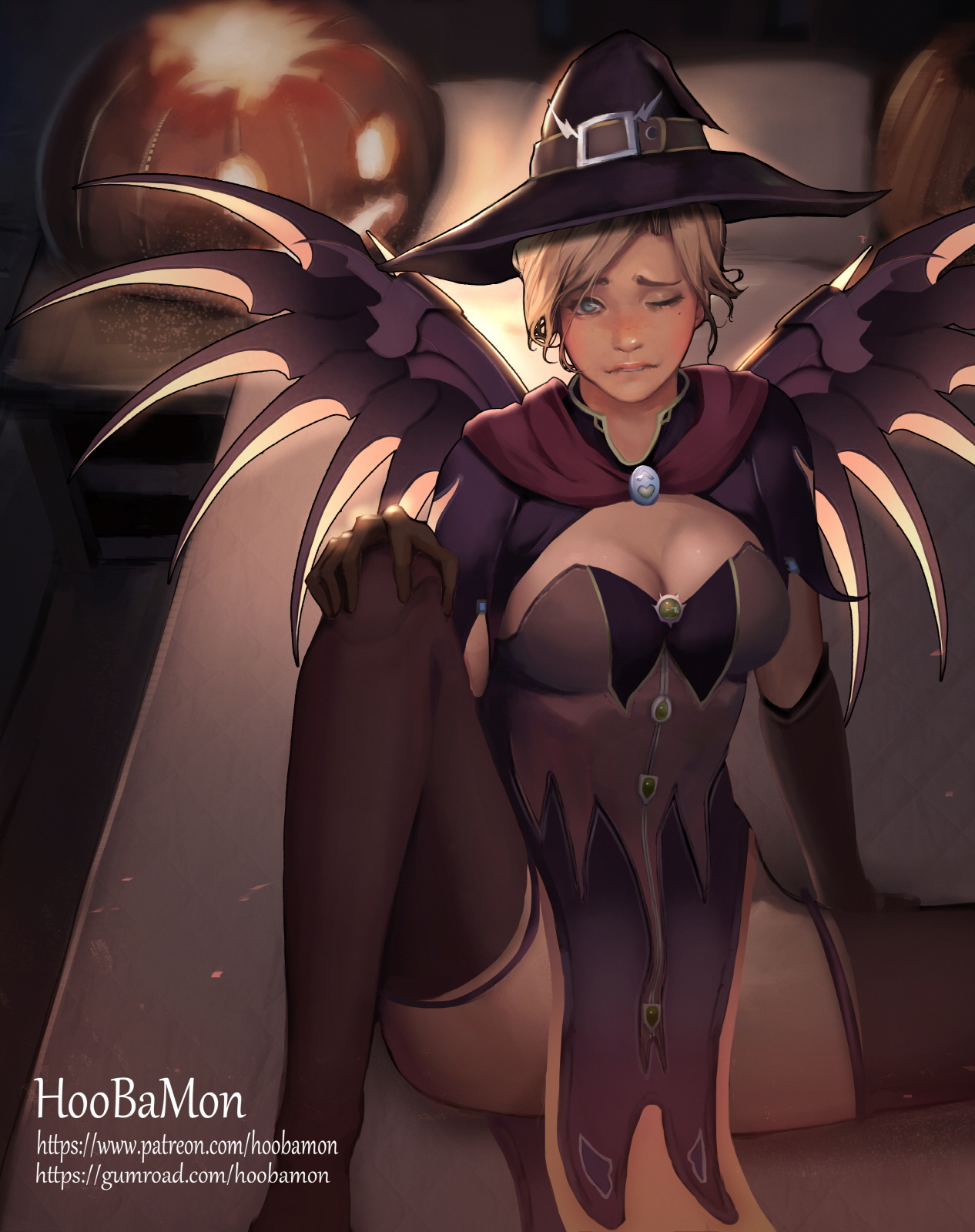 1girls, alternate costume, artist name, bed, biting lip, black hat, blizzard entertainment, blonde hair, blue eyes, breasts, brooch, brown dress, brown gloves, brown legwear, capelet, cleavage, dress, elbow gloves, eyelashes, female, freckles, gloves, halloween, halloween costume, hat, high resolution, hoobamon, jack-o'-lantern, jewelry, knee up, lipstick, looking at viewer, makeup, mechanical wings, medium breasts, mercy, nose, on bed, one eye closed, overwatch, pelvic curtain, pillow, pink lips, pink lipstick, pumpkin, realistic, red cape, sitting, sitting on bed, solo, spread legs, spread wings, teeth, thighhighs, watermark, web address, wings, witch, witch hat, witch mercy