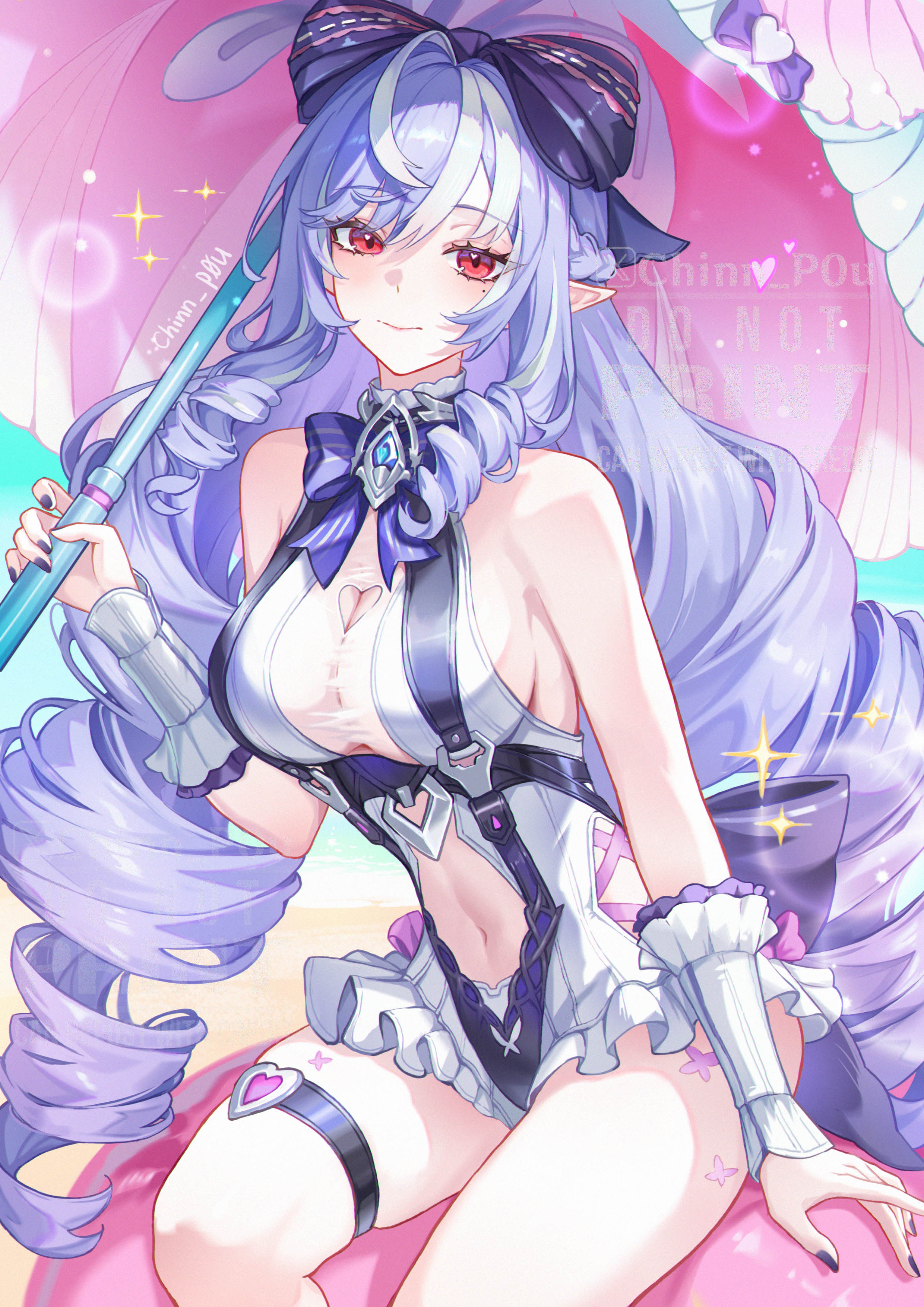 1girls, breasts, chinn p0u, exposed breasts, female, hoyoverse, legs, long hair, mihoyo, official alternate costume, purple hair, red eyes, swimsuit, vivian banshee, vivian banshee (iris of the shore), white swimsuit, zenless zone zero
