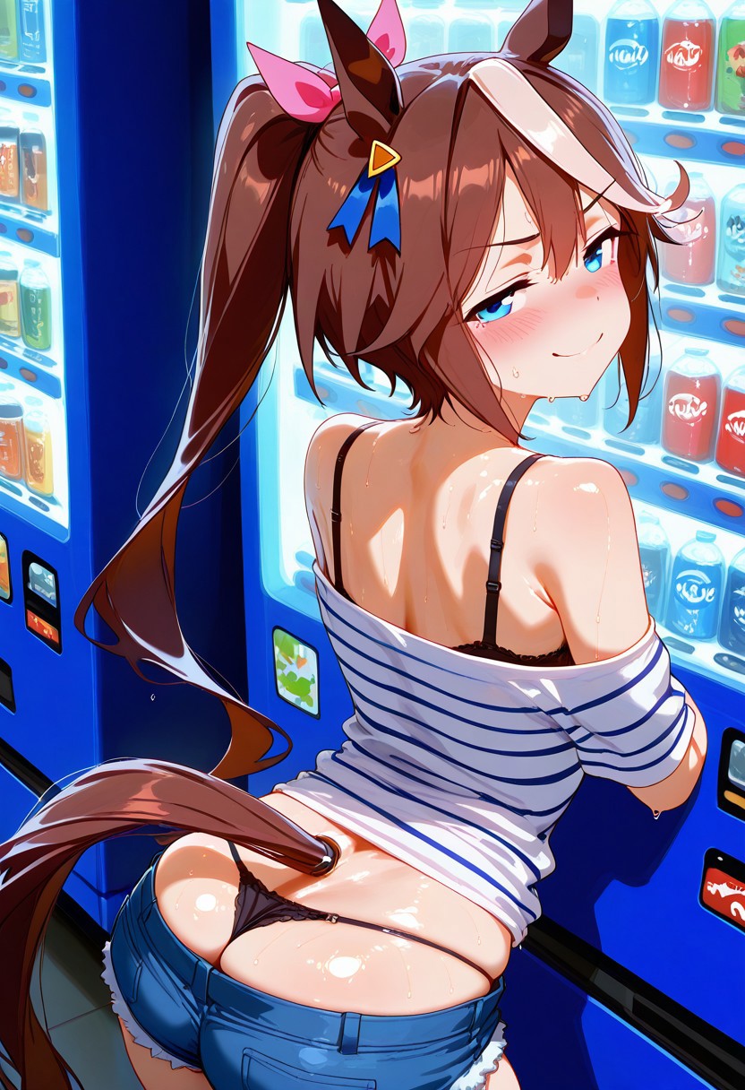 ai generated, animal ears, brown hair, casual clothes, female, horse girl, looking back at viewer, pony tail, ribbon, tokai teio (umamusume), two-tone hair, umamusume, umamusume pretty derby