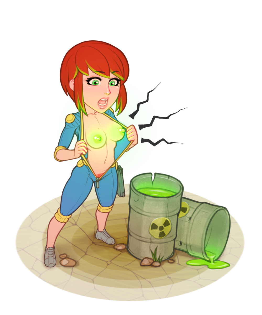 1girls barrel breasts dvoika fallout female glowing_breasts green_eyes human jumpsuit natasha_(fall:out) nipples only_female open_clothes open_mouth pubic_hair radiation red_hair wasteland