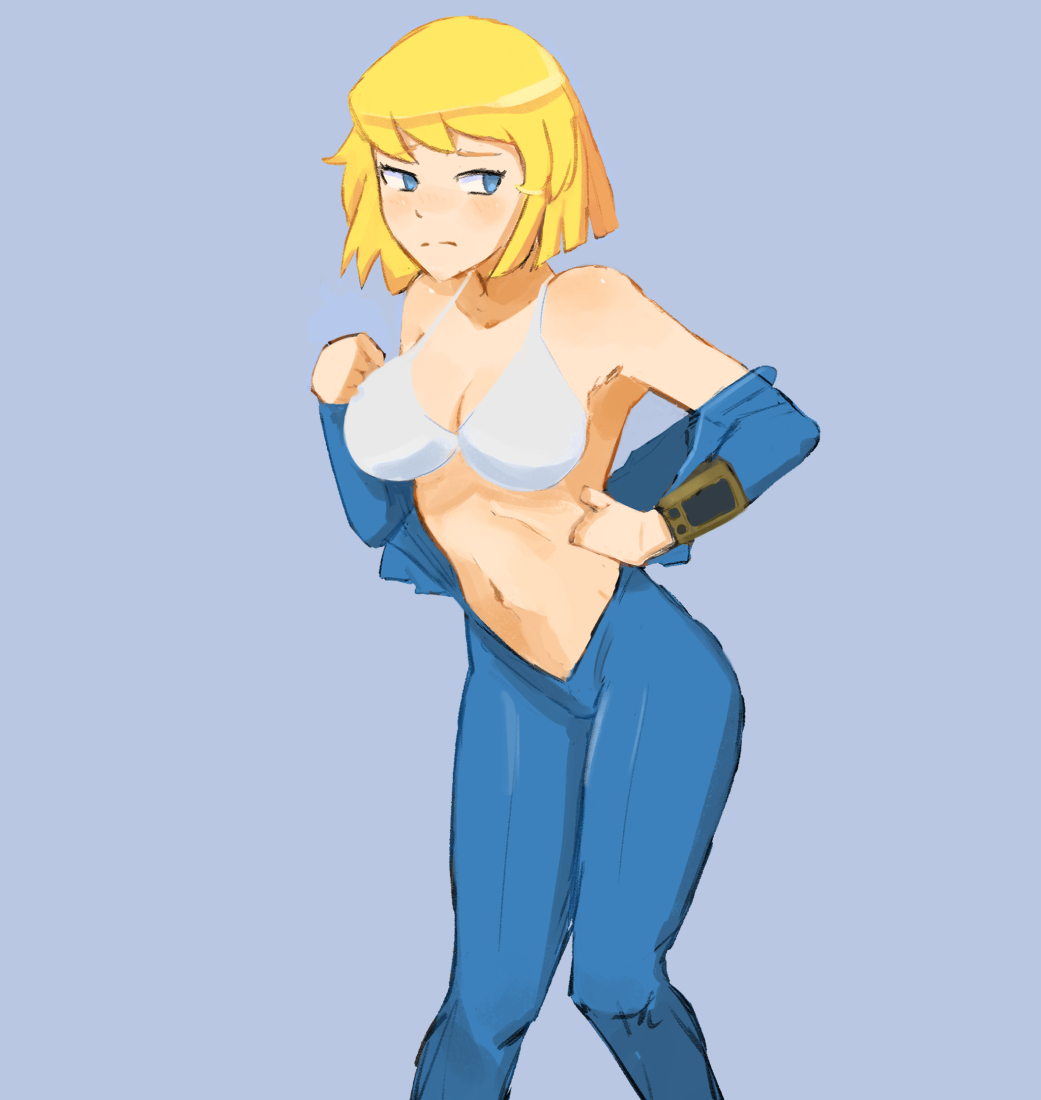 1girls blonde_female blonde_hair blue_eyes blushing embarrassed embarrassed_female fallout female medium_breasts tagme undressing undressing_self vault_girl vault_suit white_bra