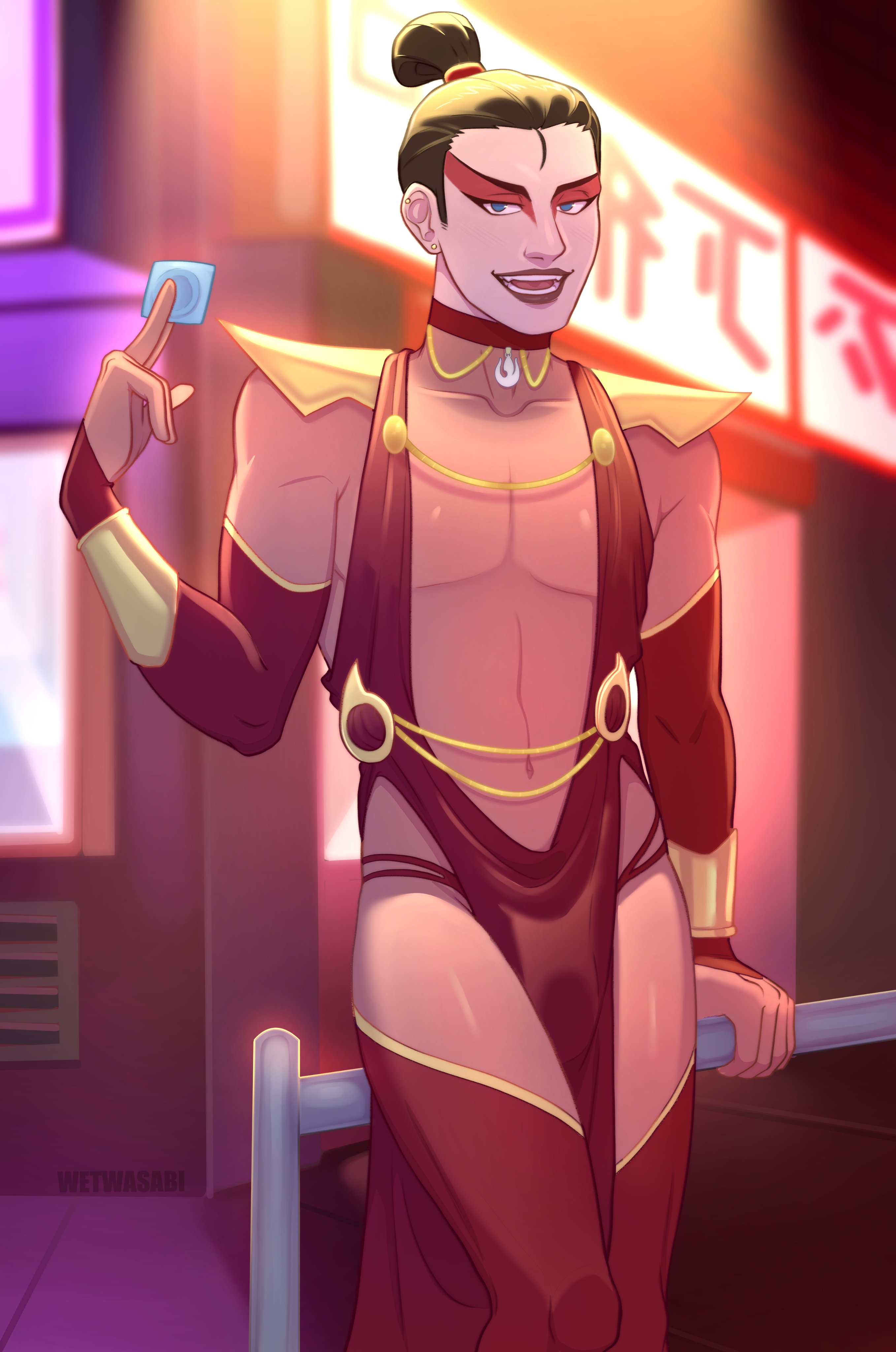 1boy, alternate version at source, alternate version available, avatar the last airbender, condom, condom wrapper, crossdressing, crossdressing male, face paint, fanart, femboy, femboy only, gay, inviting, inviting to sex, male, male prostitute, pecs, pinup, prostitute, prostitution, revealing clothes, sokka, thong, thong panties, thong straps, wetwasabi