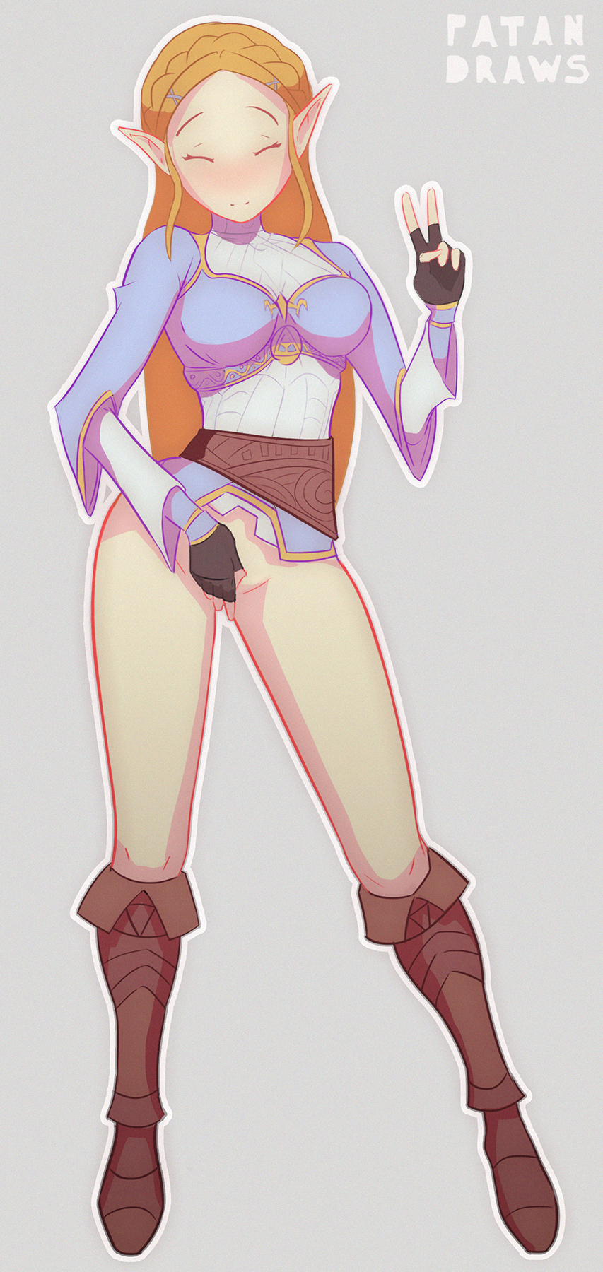 1girls, 2d, 2d (artwork), artist name, blonde hair, blush, boots, bottomless, braid, braided hair, breasts, breath of the wild, closed eyes, cocked hip, covering, elf, elf ears, elf female, female, fingerless gloves, gloves, hand covering pussy, hourglass figure, light skin, light-skinned female, long hair, long legs, medium breasts, nintendo, no panties, no underwear, patandraws, peace sign, pose, princess zelda, pussy, shoes, simple background, slim waist, smile, solo, teasing, the legend of zelda, thighs, thin eyebrows, tied hair, very long hair, wide hips, zelda (breath of the wild)