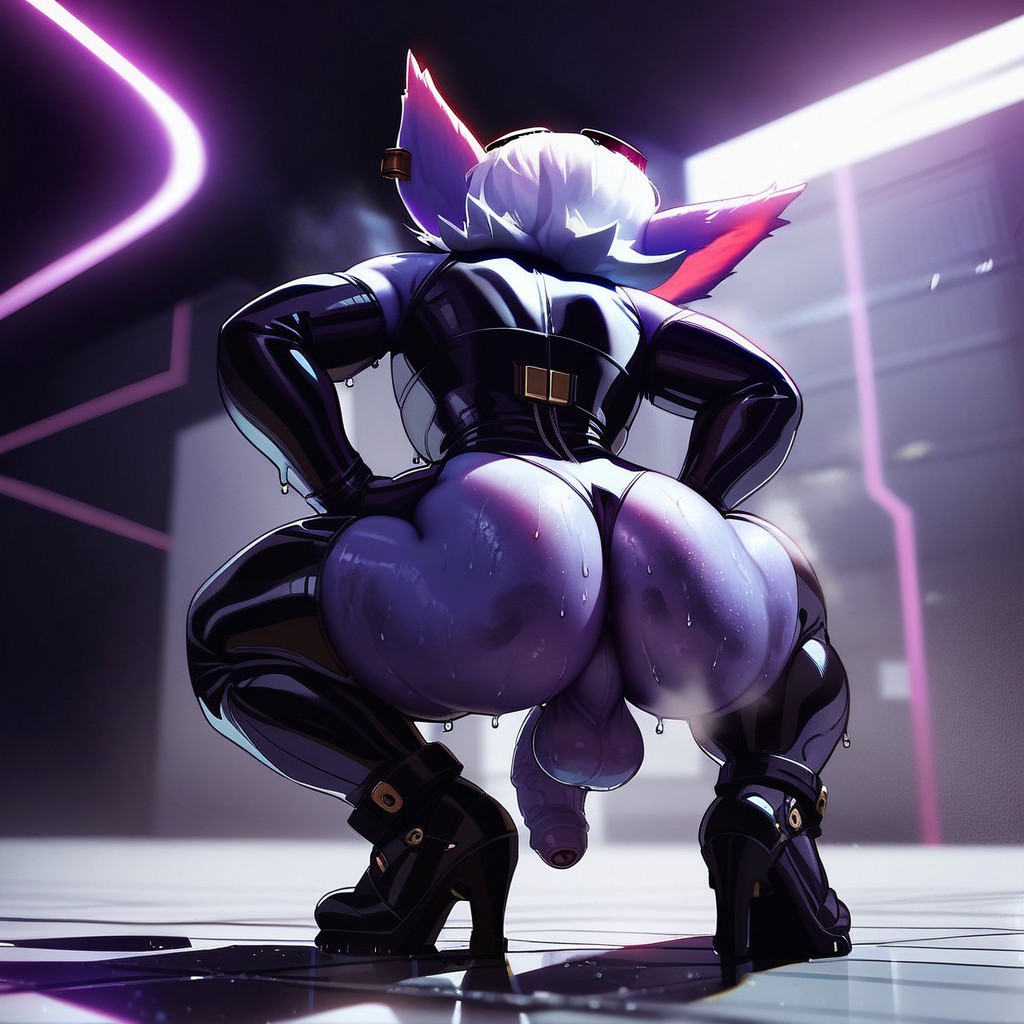 ai_generated ass balls butt_crack futanari hands_on_hips high_heel_boots latex league_of_legends nightclub penis rear_view riot_games shortstack sweaty thighhighs tristana view_from_below yordle