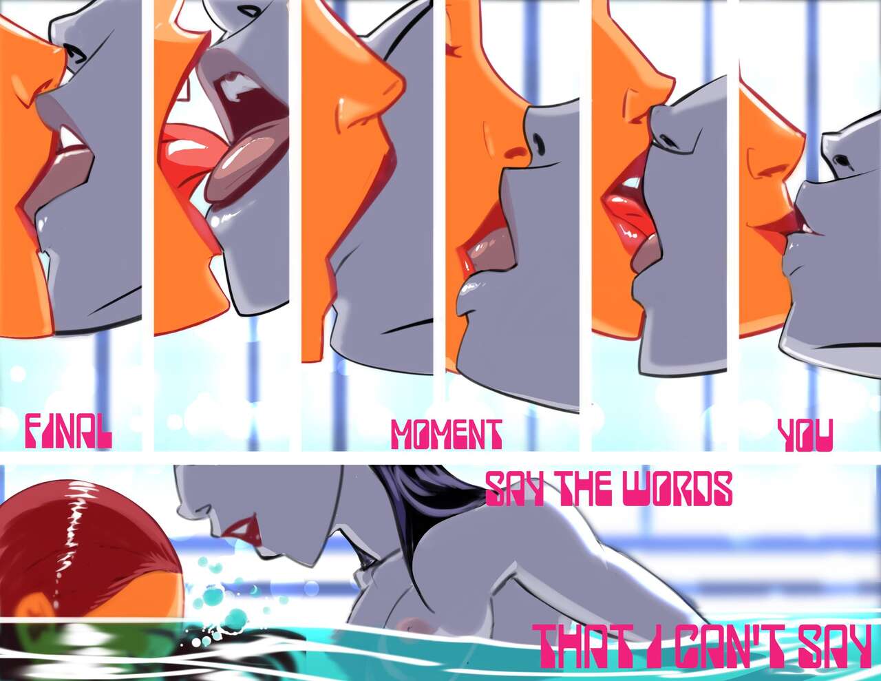 2girls, batnipsforever, breasts, close-up, comic page, english text, female, french kiss, kissing, multiple females, multiple girls, pool, raven (dc), starfire, teen titans, text, yuri