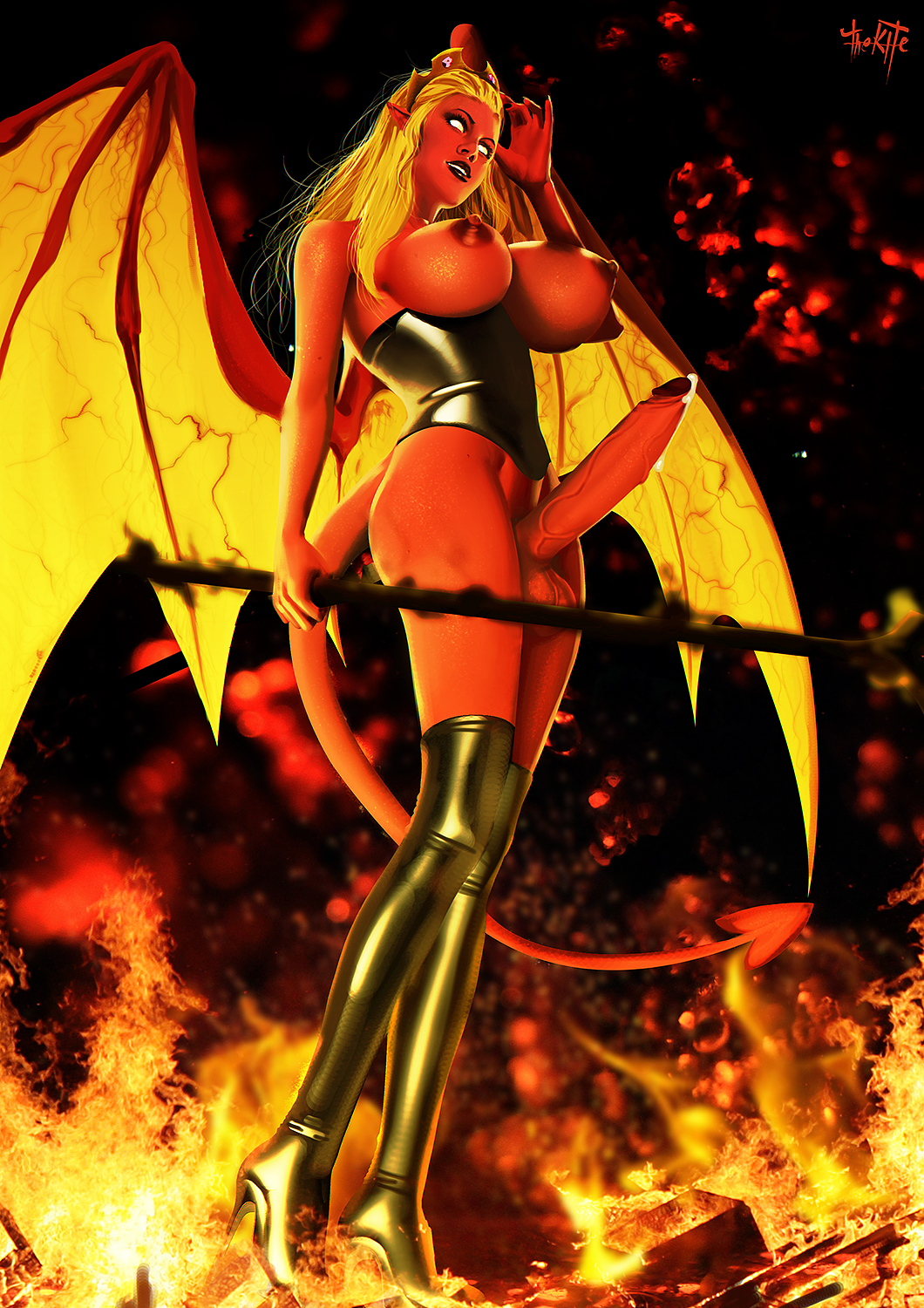 1futa, balls, bat wings, blonde hair, corset, cum, demon, erection, futa only, futanari, intersex, lady watamaraka, large penis, long hair, penis, red skin, solo, standing, tail, testicles, thekite, wings