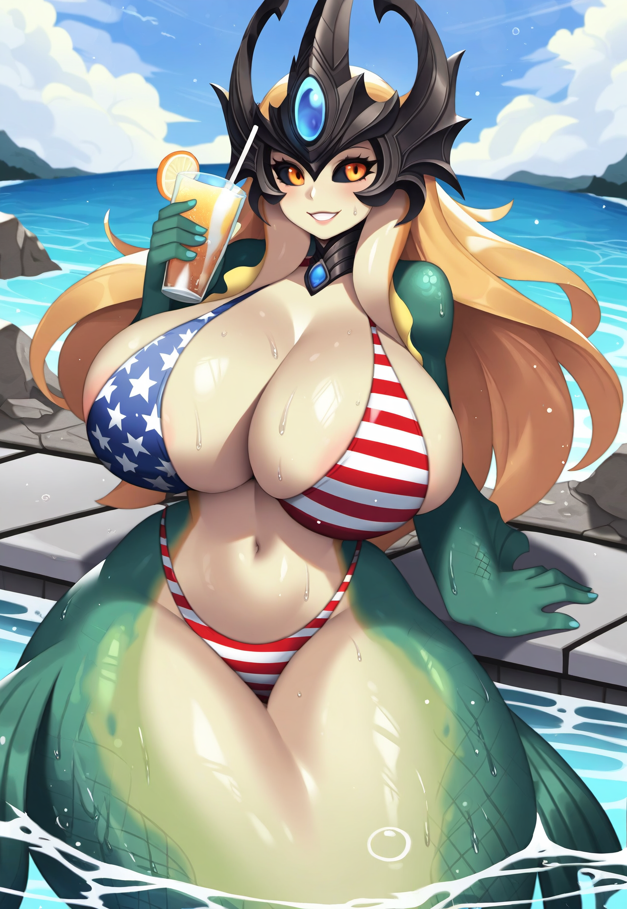 4th of july, ai generated, american flag bikini, beach, beverage, big breasts, bikini, black sclera, breasts, curvy, drink, female, helmet, huge breasts, large breasts, league of legends, looking at viewer, merfolk, mermaid, nai diffusion, nami (league of legends), orange eyes, pool, poolside, riot games, smile, stable diffusion