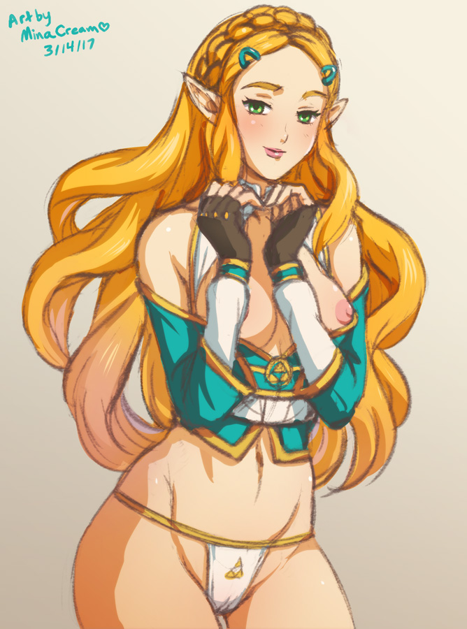 areolae, artist name, blonde hair, breasts, breath of the wild, female, fingerless gloves, green eyes, lips, long hair, looking at viewer, minacream, navel, nintendo, nipples, panties, pointy ears, princess zelda, simple background, solo, the legend of zelda, zelda (breath of the wild)