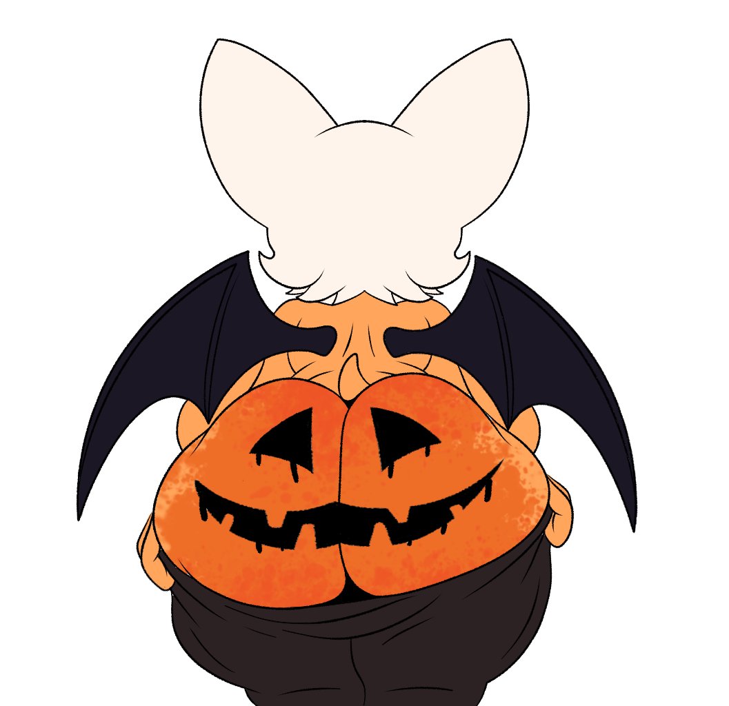 artist request, ass, backboob, bent over, big ass, big breasts, breasts, dressing, female, female only, getting dressed, half naked, halloween, pants down, pulling pants up, pulling up pants, pumpkin butt, putting clothes on, putting on clothes, putting on pants, putting pants on, rouge the bat, sega, solo, sonic (series), sonic the hedgehog (series), source request, struggling, struggling to fit, tight fit, tight fitting clothing, too tight, undersized clothes, undersized clothing, white background