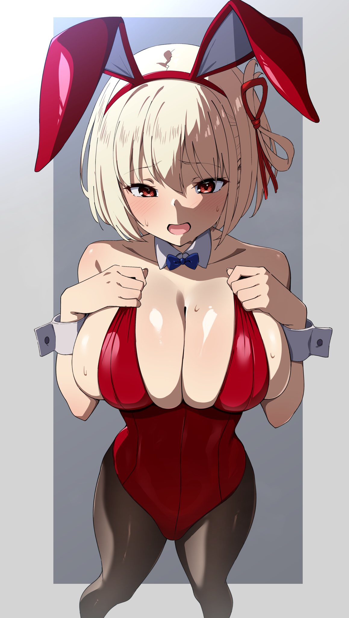 1girls, alternate breast size (larger), animal ears, bare shoulders, blonde hair, blue bow, blue bowtie, blush, bow, bowtie, breasts, bunnysuit, cleavage, detached collar, embarrassed, fake animal ears, female, female only, hair between eyes, hair ribbon, highres, hourglass figure, huge breasts, human, human female, kawaruhi, large breasts, leotard, light blush, light-skinned female, looking at viewer, lycoris recoil, nishikigi chisato, open mouth, pantyhose, playboy bunny, rabbit ears, red eyes, red leotard, red ribbon, revealing clothes, ribbon, short hair, simple background, skindentation, slim waist, solo, strapless, strapless leotard, sweat, teenager, wide hips, wrist cuffs