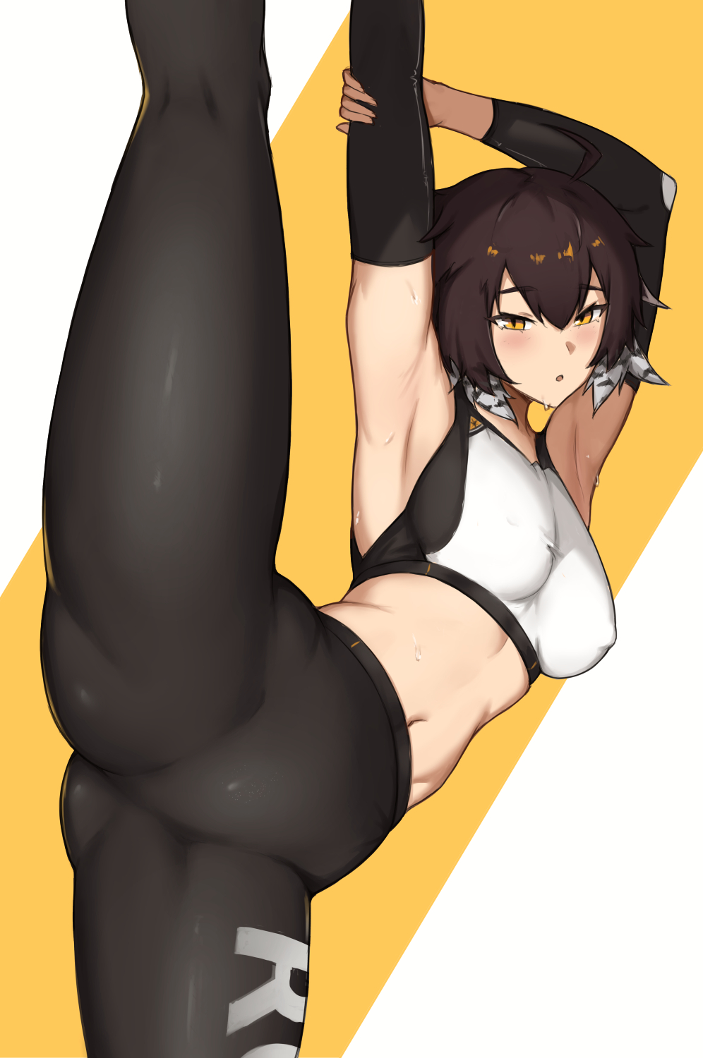 arknights armpits arms_up bare_shoulders black_hair black_pants breasts clothes_writing crop_top fangsod female leggings medium_breasts midriff navel pants plume_(arknights) plume_(easy_time)_(arknights) pointy_chin short_hair solo split sports_bra standing standing_on_one_leg standing_split stomach sweat thighs yellow_eyes