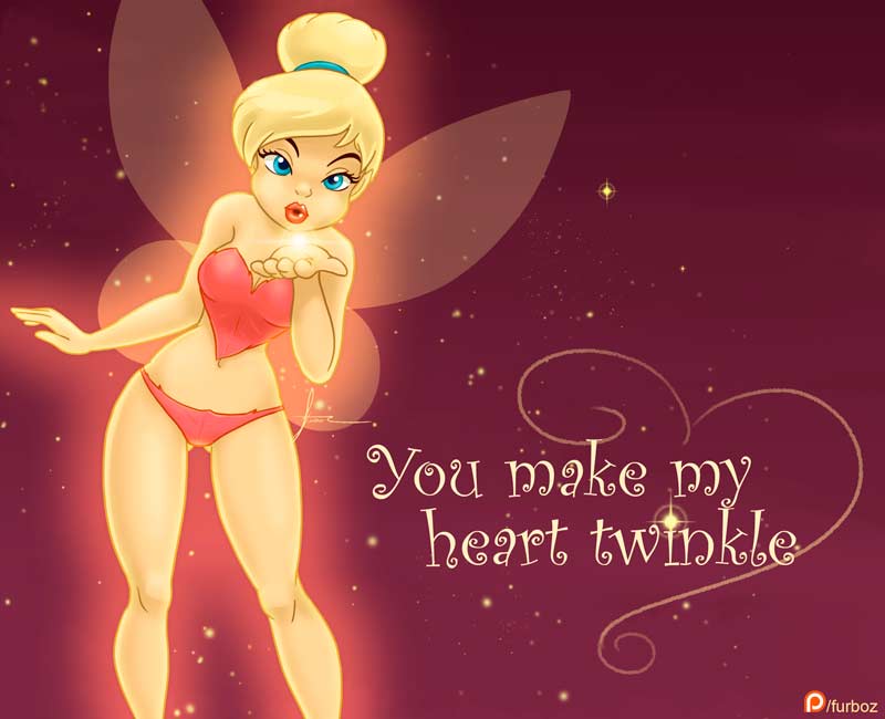 1girls, bikini, blonde hair, blowing kiss, blue eyes, disney, disney fairies, english text, fairy, fairy wings, feet out of frame, female, female only, front view, furboz, hair bun, patreon username, peter pan (disney), solo, tied hair, tinker bell, valentine's day, wings