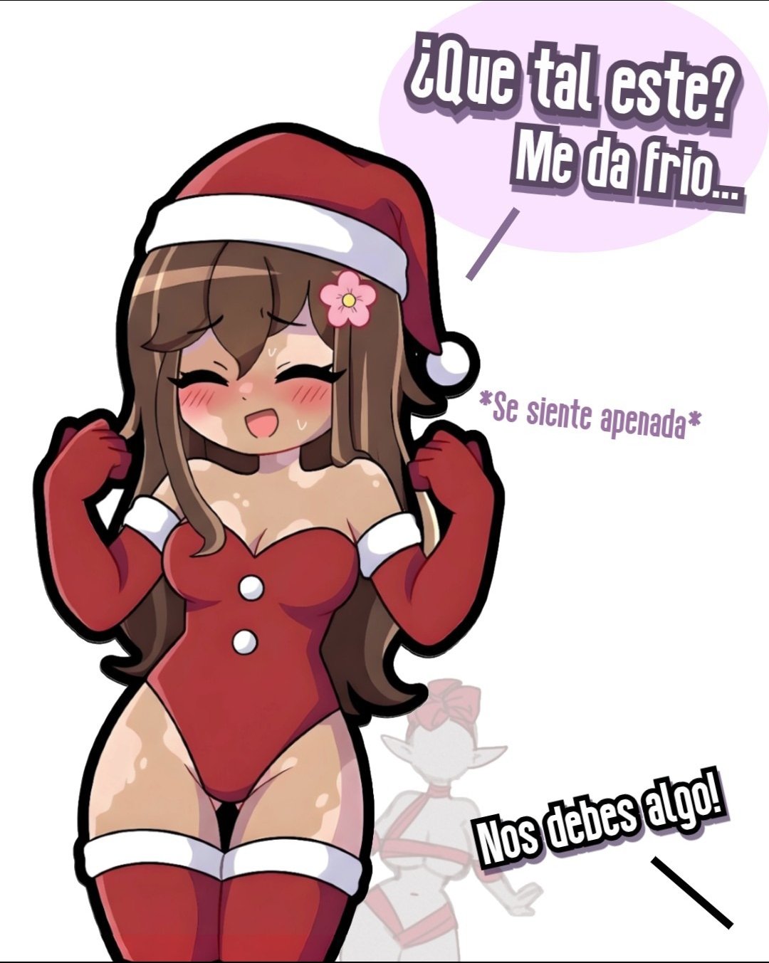 1girls, arm sleeves, blush, blush lines, breasts, brown hair, christmas, christmas hat, christmas outfit, closed eyes, elbow gloves, eyelashes, female, flower in hair, ribbon, spanish text, stockings, strip game, sweat, sweatdrop, sweating, text, tortieza, tortieza (artist), vitiligo