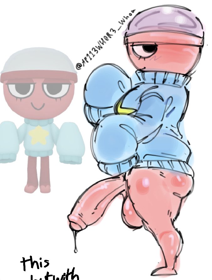 apple whore, dandy's world, futanari, gigi (dandy's world), huge balls, huge cock, precum, red body, roblox, roblox game, sweater, tagme