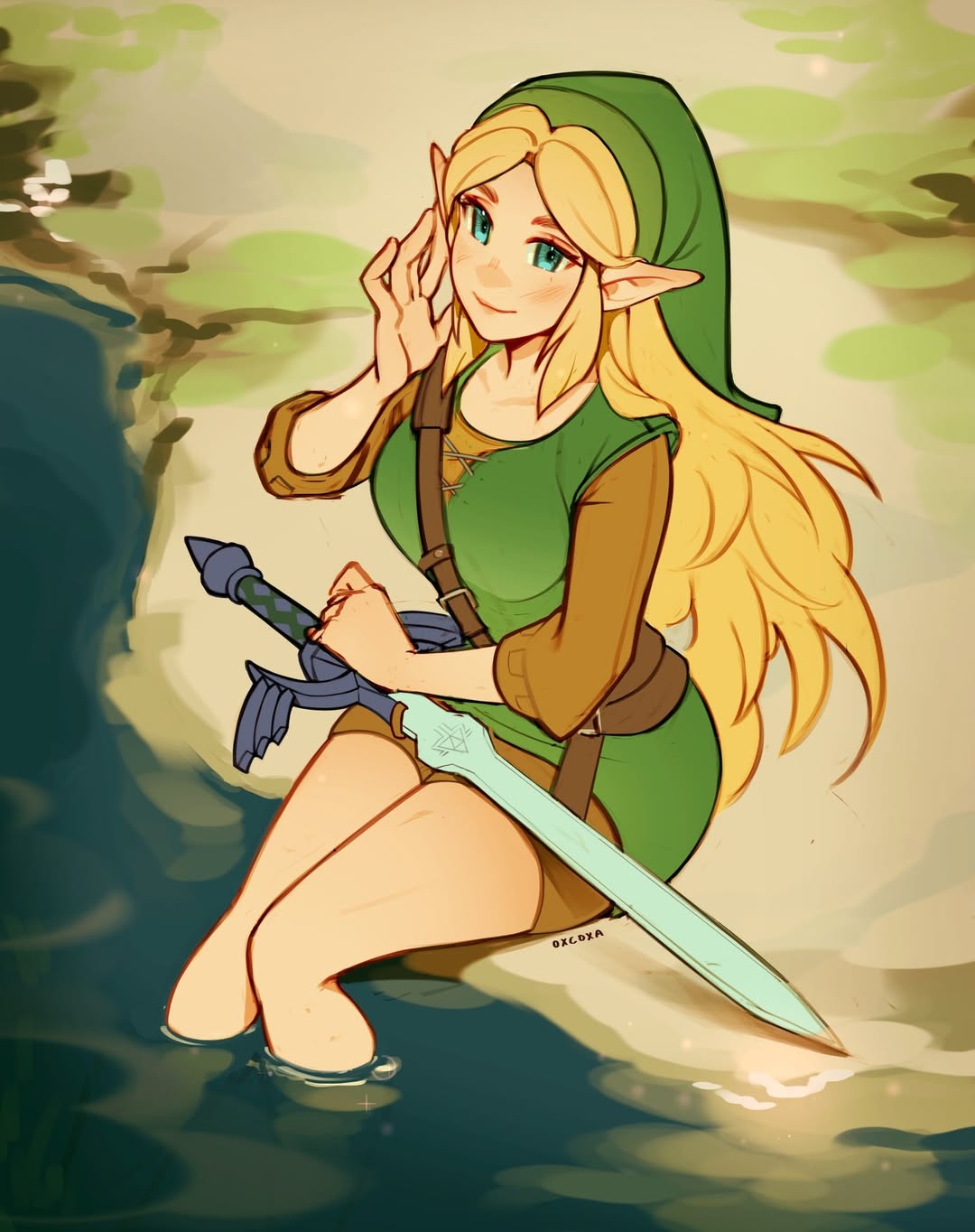 blonde hair, elf ears, female, fusion, fusion character, link, link (ocarina of time), master sword, nintendo, oxcoxa, rule 63, solo, the legend of zelda