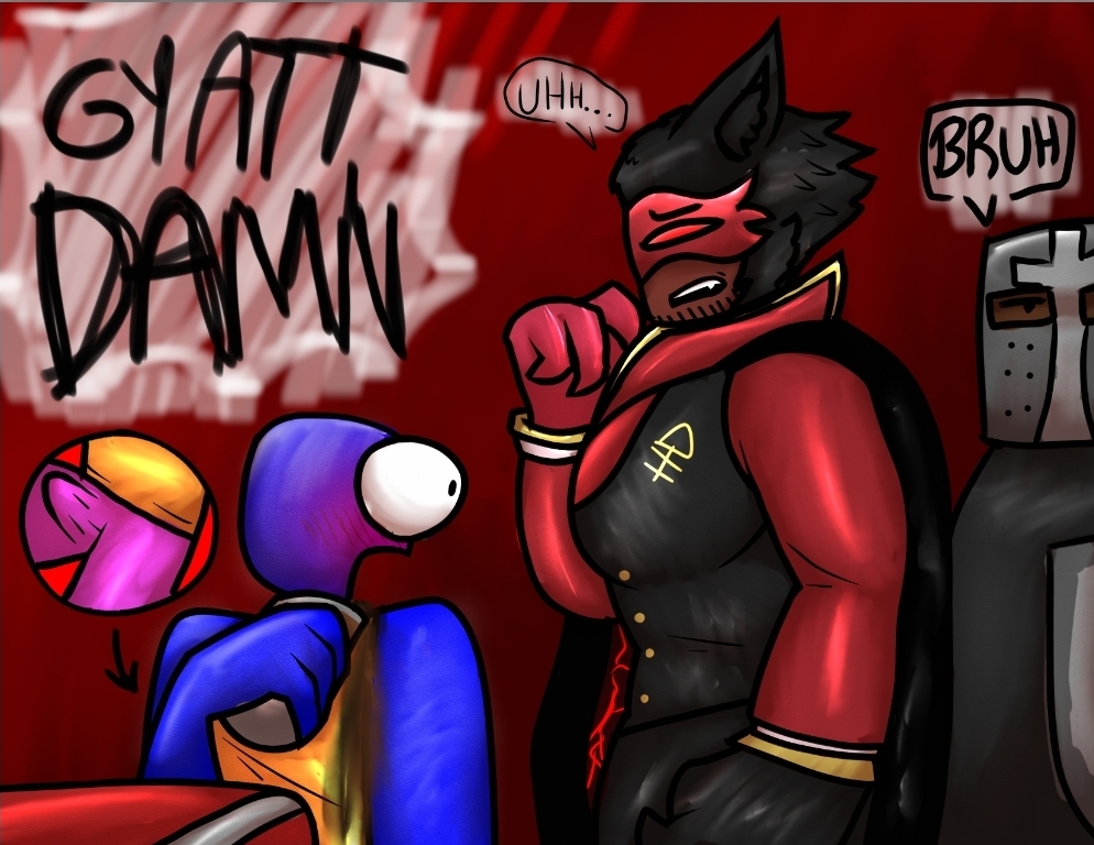 bat, black vest, block (die of death), blue body, blush, boner, boy love, breasts, cape, die of death (roblox), forsaken (roblox), inverted noob (forsaken), male, male boobs, man boobs, noob (forsaken), nosferatu (forsaken), orange shirt, pink pants, red uniform, roblox, roblox game, robloxian, self upload, shocked, spilling drink, stela666, tagme, vampire, vampire costume
