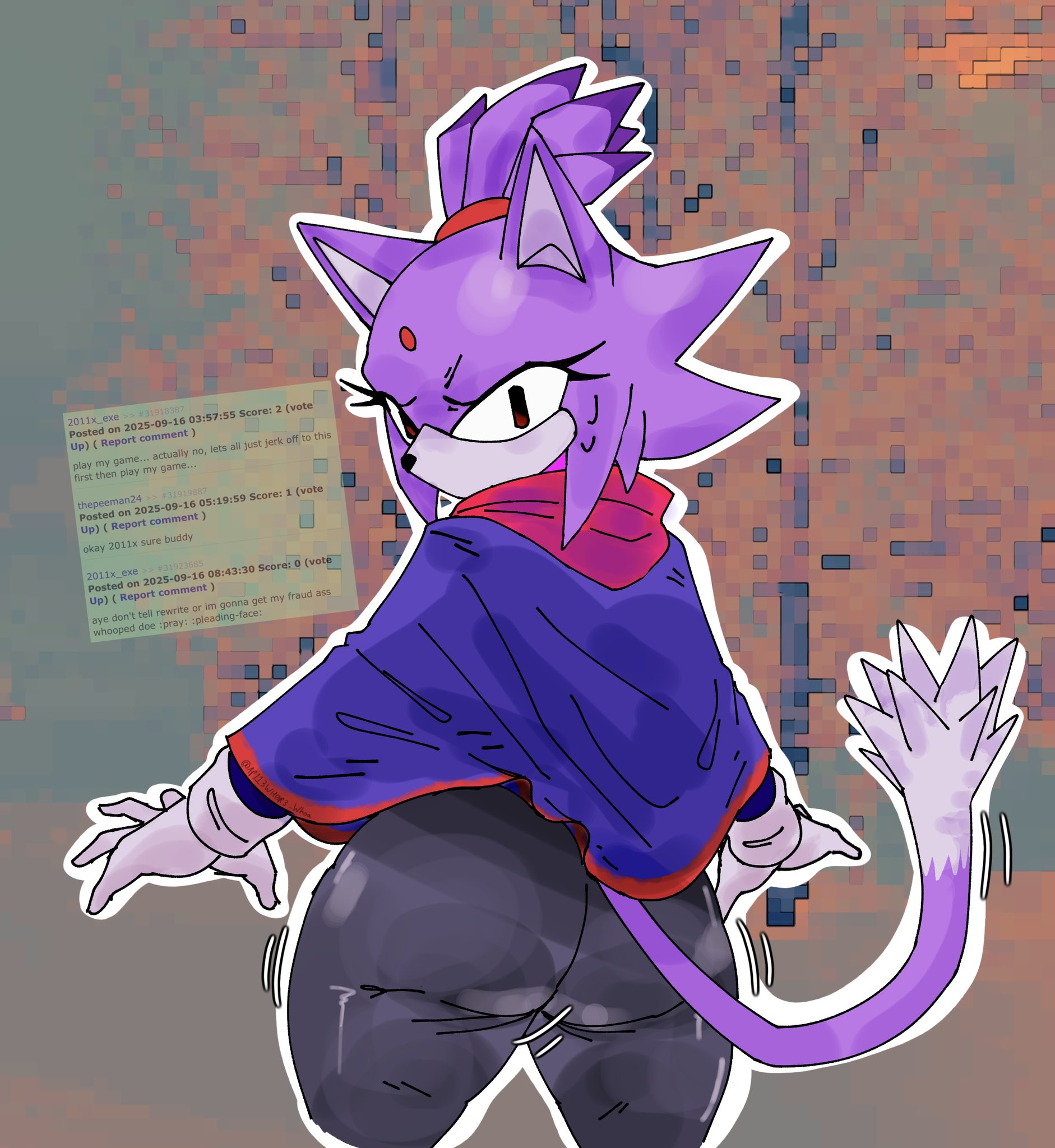 1girls, anthro, apple whore, ass, ass focus, background, big ass, black leggings, blaze the cat, blaze the cat (om), cat ears, cat girl, cloak, clothed female, flustered, from behind, furry, furry female, gem on forehead, looking at viewer, looking back, no mouth, outcome memories, pixelated background, purple fur, roblox, roblox game, rule 34 comment, sega, solo, sonic (series), sonic the hedgehog (series), sweatdrop, tail, white gloves, white outline