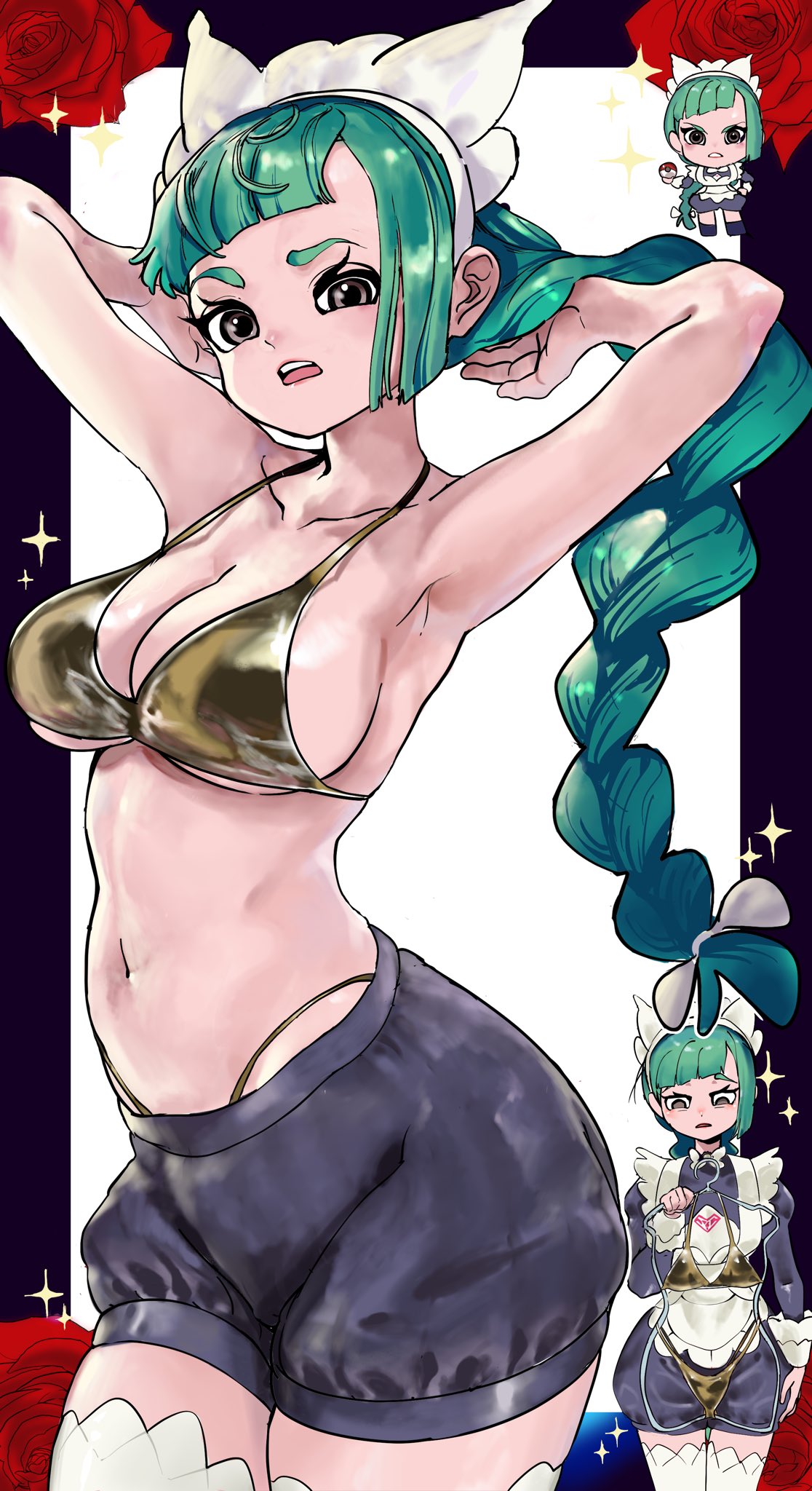 bikini, braided hair, brown eyes, cleavage, female, female only, game freak, gold bikini, green hair, harujio (pokemon), large breasts, lebanne (pokemon), long hair, maid headdress, maid outfit, nintendo, pokemon, pokemon legends: z-a, solo, sukoyaka tsukasa