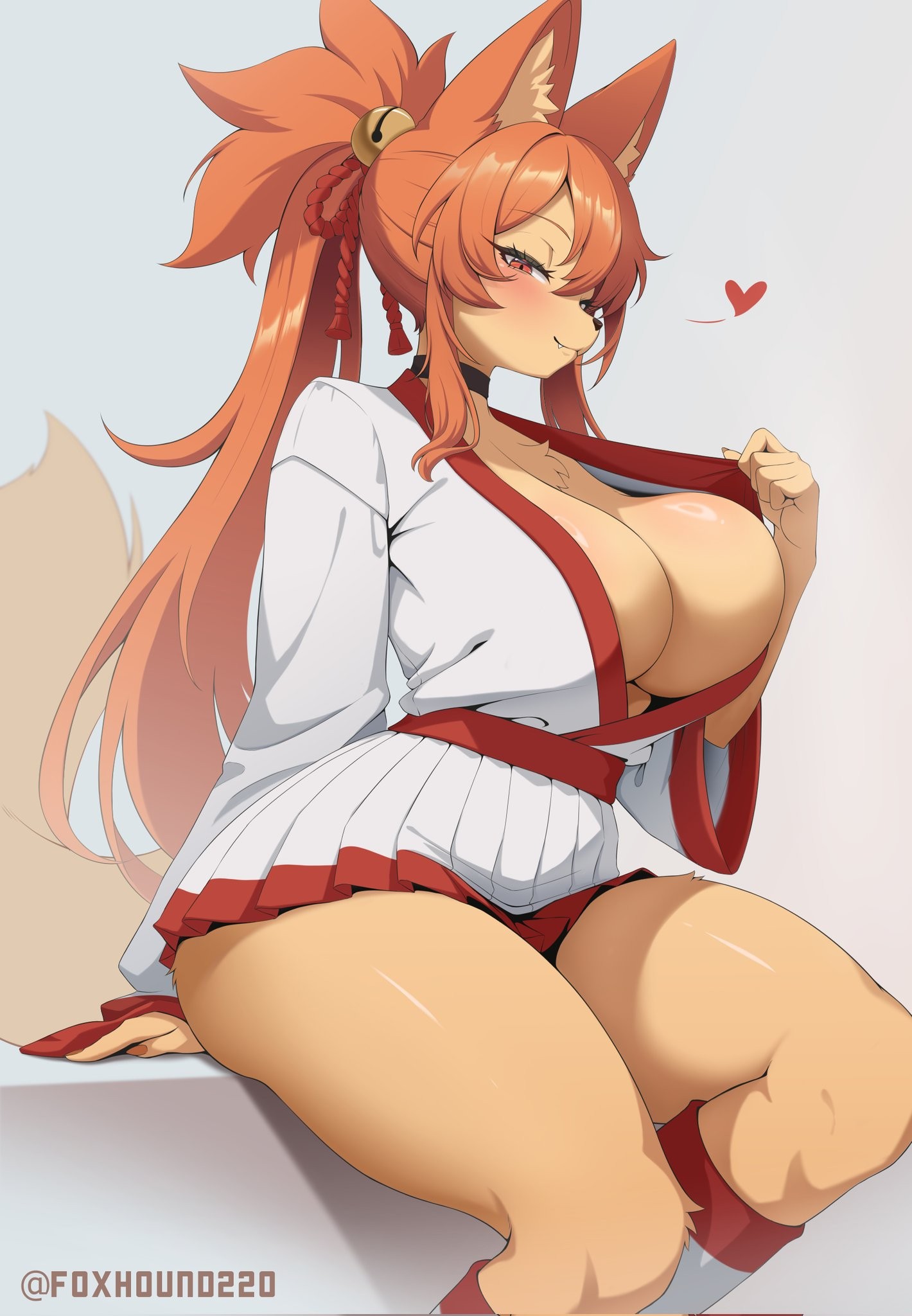 anthro, big breasts, blush, breasts, canid, canine, ceroba (undertale yellow), ceroba ketsukane, chest tuft, choker, cute fangs, fangs, female, fox, foxhound220, fur, heart symbol, hi res, jewelry, kemono, mammal, mommy, mommy kink, necklace, pupils, red eyes, slit pupils, smile, solo, tail, tan body, tan fur, teeth, undertale (series), undertale yellow, wolfling