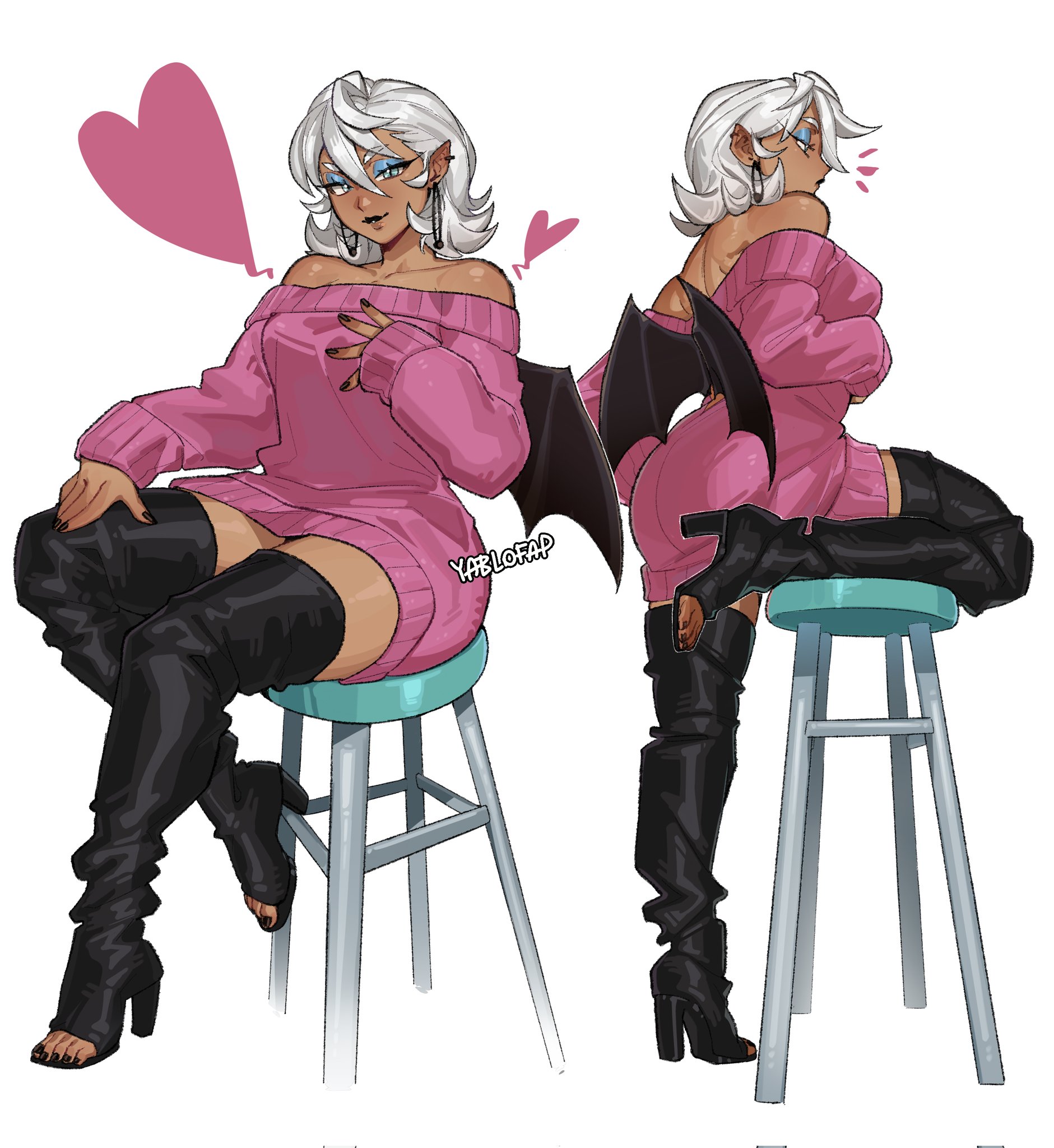 1girls, amused, bat wings, black legwear, black nails, boots, breasts, clothed, digital drawing (artwork), digital media (artwork), ear piercing, earrings, hand on breast, hand on hip, hand on thigh, heart, human, humanized, looking at viewer, looking down, over the knee boots, pink clothing, rouge the bat, smile, sonic (series), sonic adventure 2, sonic the hedgehog (series), stool, teal eyes, thick thighs, thigh boots, toes, white background, white hair, yablofap