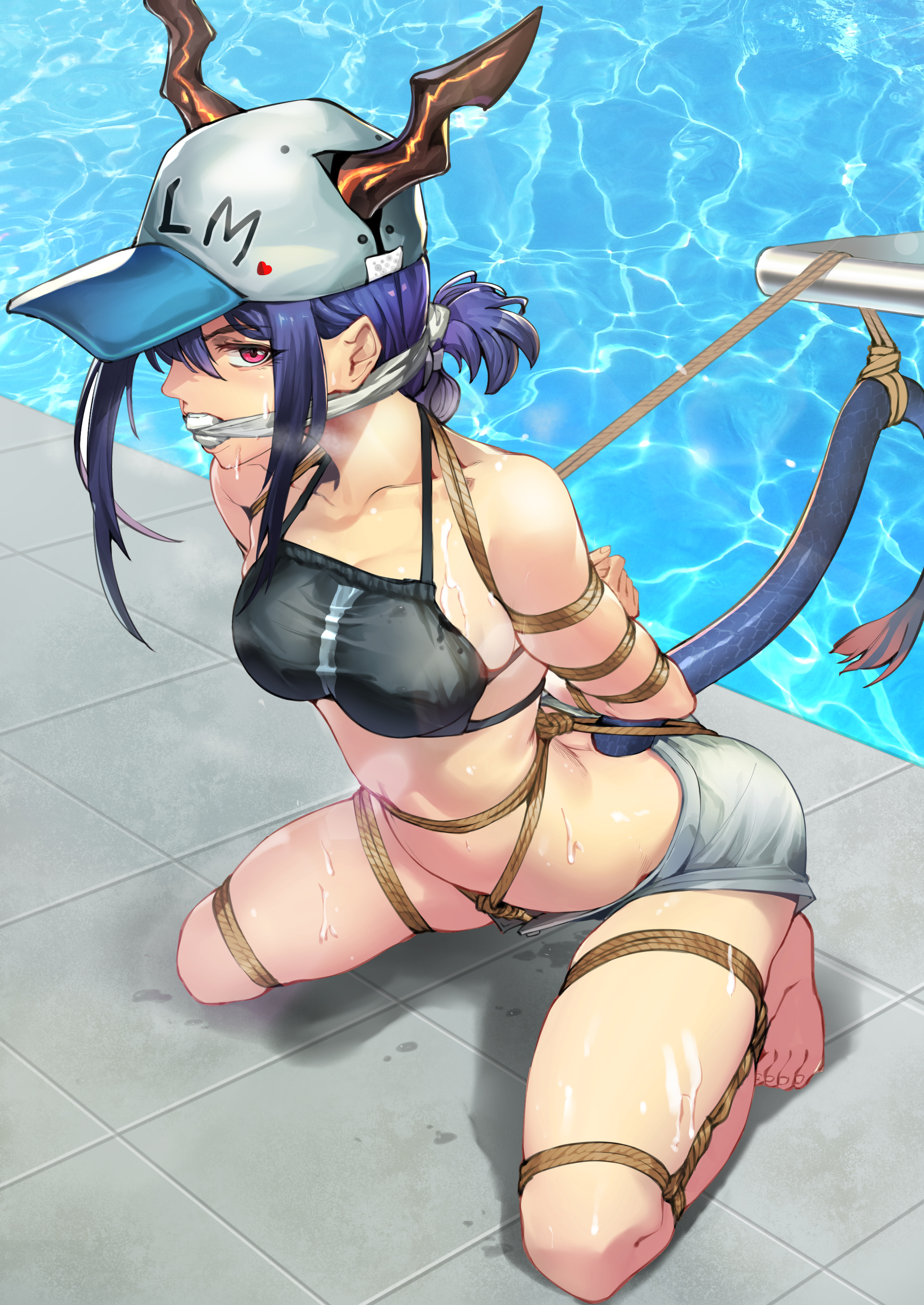 1girls, absurdres, arknights, arms behind back, barefoot, baseball cap, bikini, bikini top only, blue hair, bondage, bound, bound arms, box tie, breasts, chen (arknights), chen (summer) (arknights), chen zi, cleave gag, cloth gag, collarbone, commentary request, commission, crotch rope, cum, cum on body, dragon horns, dragon tail, female, female only, femsub, frogtie, gag, gagged, hat, highres, horns, improvised gag, kneeling, official alternate costume, on knees, poolside, red eyes, restrained, rope, short shorts, shorts, solo, stuffed gag, stuffed mouth gag, swimsuit, tail, water