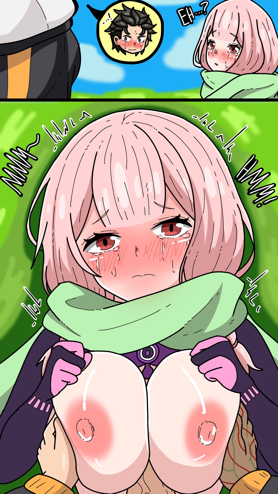 1boy, 1boy1girl, 1girls, apoelayoshi7, big breasts, black hair, breasts, breasts squeezed together, brown eyes, carmilla (re:zero), exposed breasts, exposed nipples, female, horny, horny male, lewd, male, natsuki subaru, paizuri, penis, penis between breasts, pink eyes, pink hair, purple clothing, re:zero kara hajimeru isekai seikatsu, scarf, sexy clothing, shy, thick butt, thick thighs, thighhighs, thighs, tight clothing, tight fit, titjob, track jacket, visible nipples