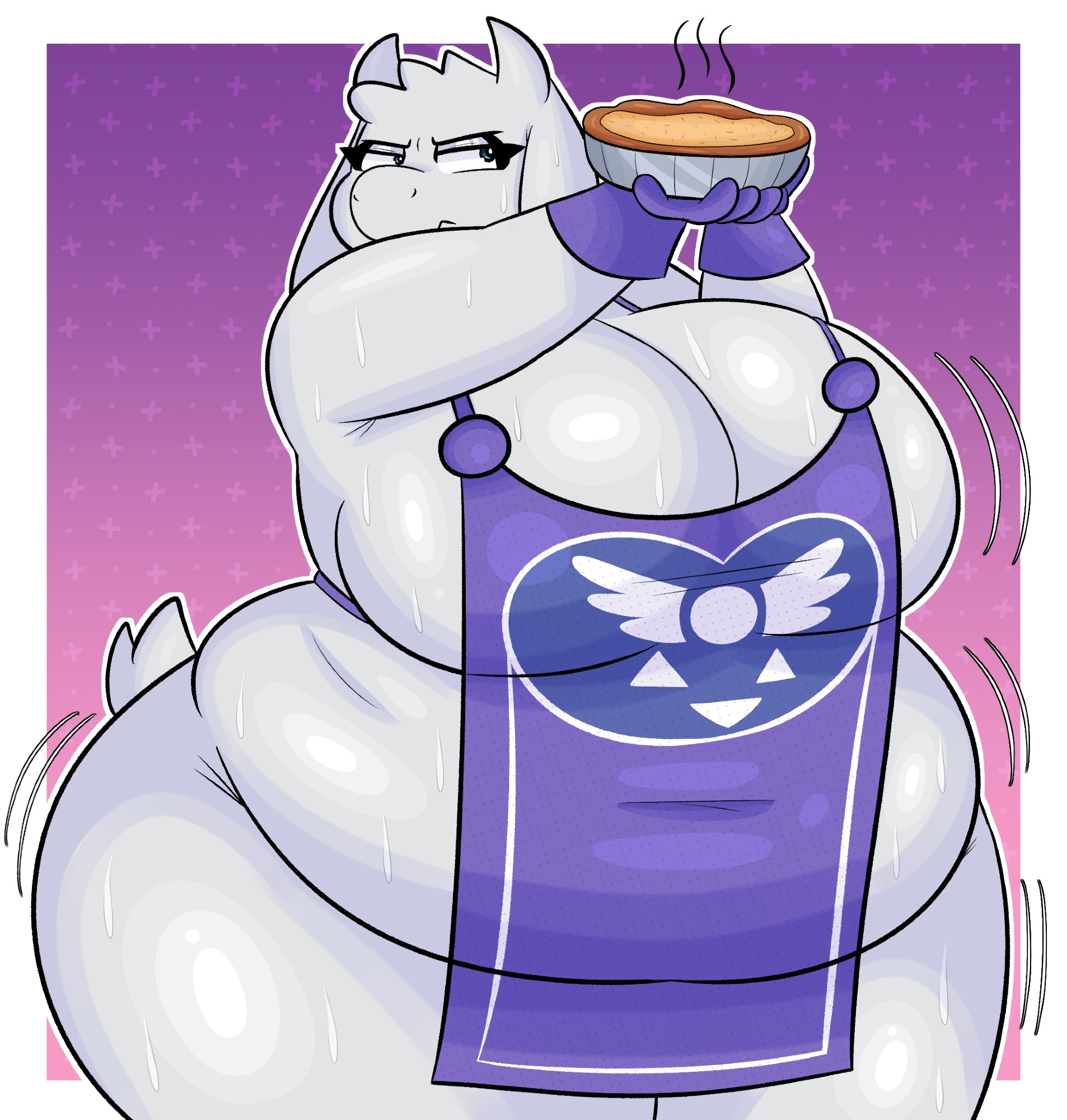 1girls, apron, belly overhang, big breasts, blitzy flair, breasts, chubby, chubby belly, chubby female, female, huge breasts, love handles, nude, overweight, overweight female, pie, solo, sweat, sweaty body, sweaty breasts, tagme, toriel, undertale