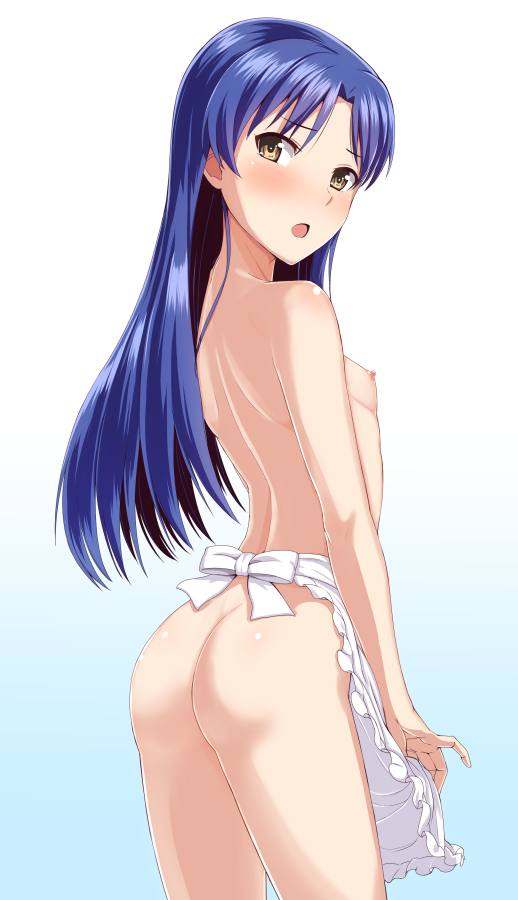 apron ass blue_hair blush brown_eyes dan_(orange_train) female flat_chest gradient gradient_background idolmaster kisaragi_chihaya long_hair looking_back naked_apron nipples open_mouth solo topless