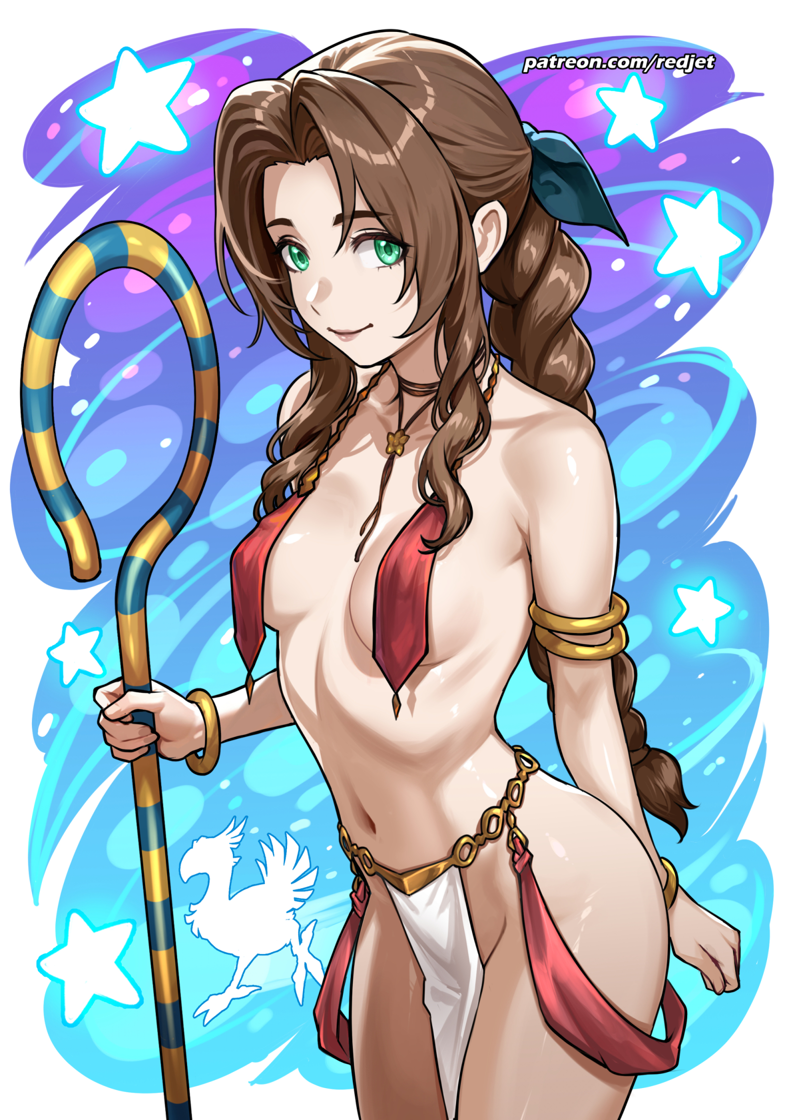 aerith gainsborough, aqua eyes, braided hair, breast curtains, brown hair, female, female only, final fantasy, final fantasy vii, hairbow, harem girl, harem outfit, loincloth, long hair, medium breasts, redjet