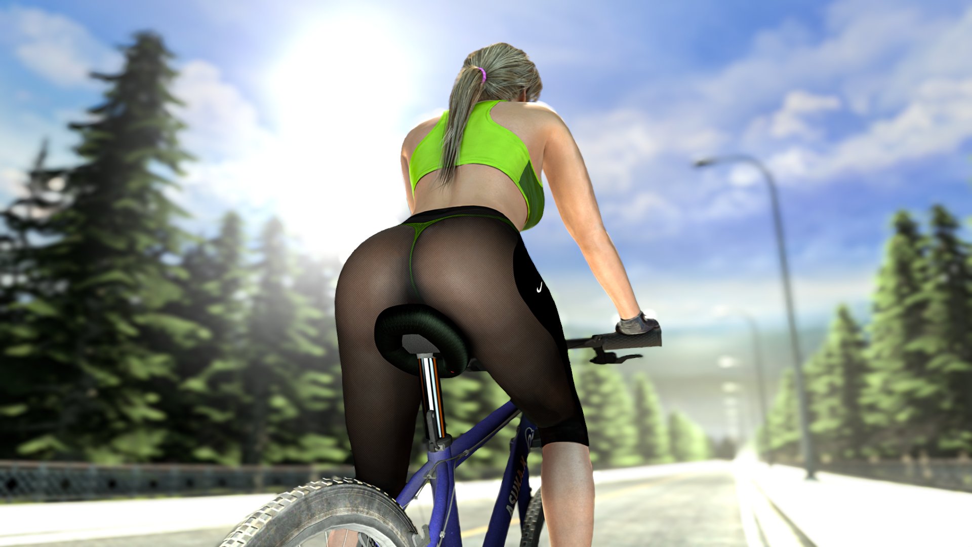 1girls, 3d, ass, ass focus, athletic, athletic female, beautiful woman, bicycle, bike shorts, blonde hair, cassie cage, female, female only, g-string, heavenly ass, human, human female, human only, light skin, light-skinned female, long hair, mature woman, mortal kombat, oblivious sexualization, outdoors, outside, ponytail, public, riding bicycle, see-through, see-through clothing, see-through shorts, spankysfm, sports bra, thong