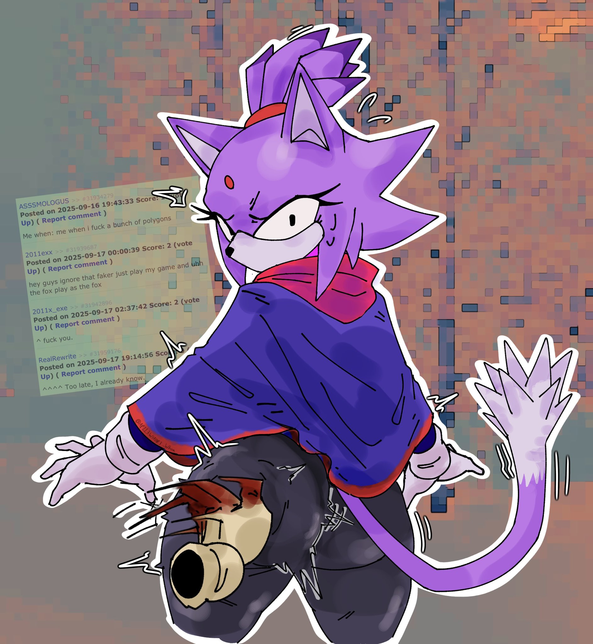 2011x, apple whore, ass, ass focus, ass slap, background, blaze the cat, blaze the cat (om), clothed female, outcome memories, purple fur, roblox, roblox game, rule 34 comment, sonic (series), sonic.exe, sonic.exe (series), tagme
