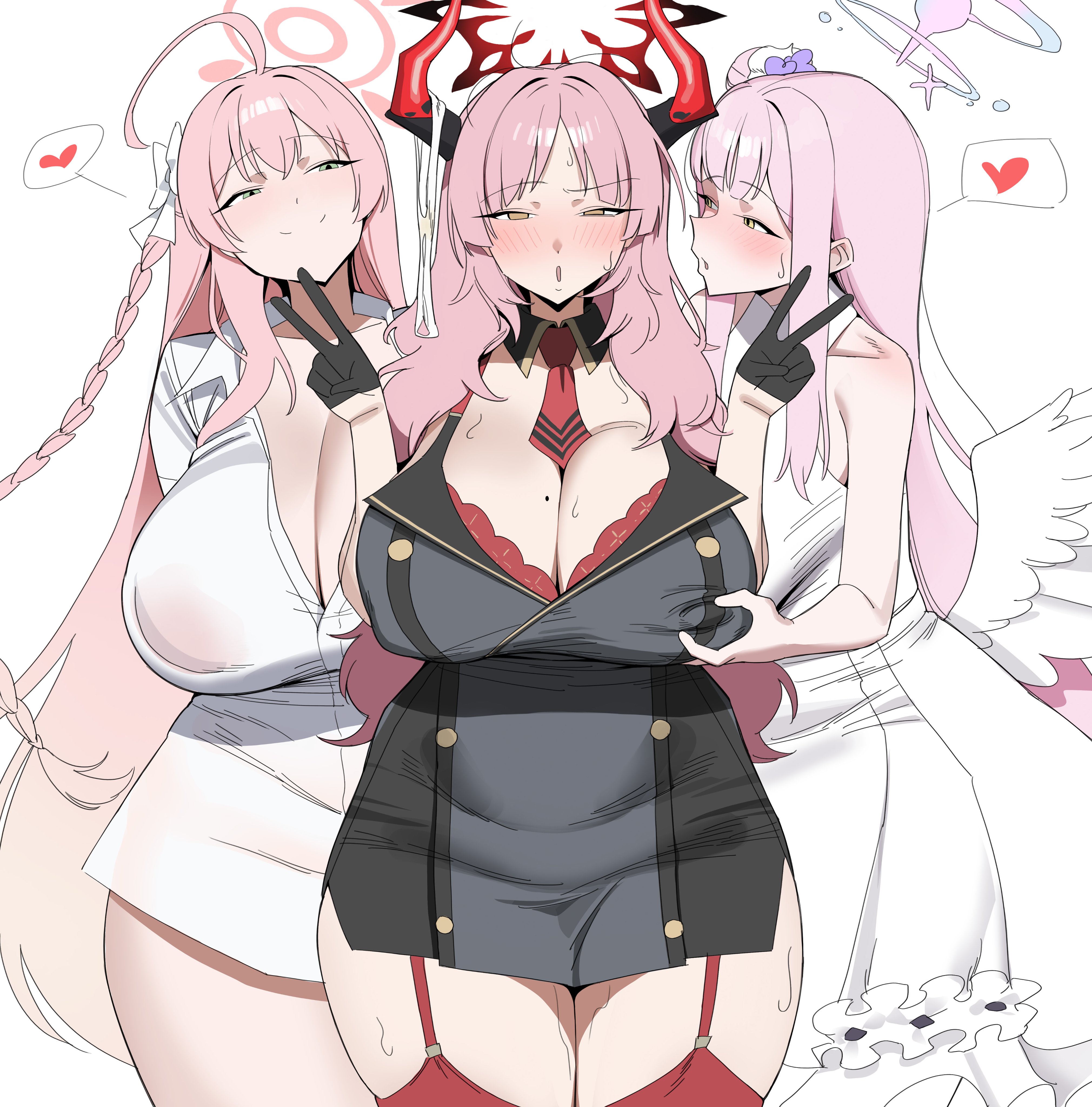 3girls, bangs, big breasts, blue archive, blush, bra, braid, breasts, cleavage, dress, garter straps, gloves, green eyes, hanako (blue archive), heart, huge breasts, long hair, mika (blue archive), multiple girls, nurse cap, pink hair, satsuki (blue archive), spoken heart, sweat, thighhighs, underwear, wings, yellow eyes, ysz