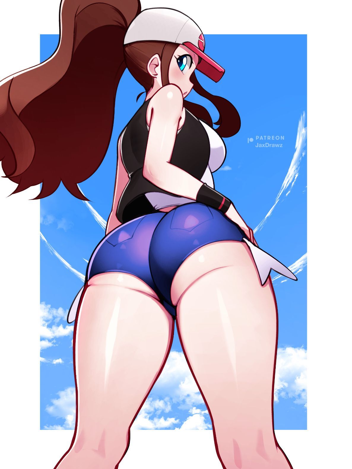 1girls, ass, ass focus, ass hanging out, ass hanging out of shorts, bare shoulders, baseball cap, black vest, blue eyes, blue sky, breasts, brown hair, butt, butt focus, cloud, dat ass, dat butt, day, female, from behind, from below, hat, hilda (pokemon), huge ass, jaxdrawz, long hair, looking at viewer, looking back, nintendo, pokemon, pokemon bw, ponytail, short shorts, shorts, sky, sleeveless, sleeveless shirt, solo, vest