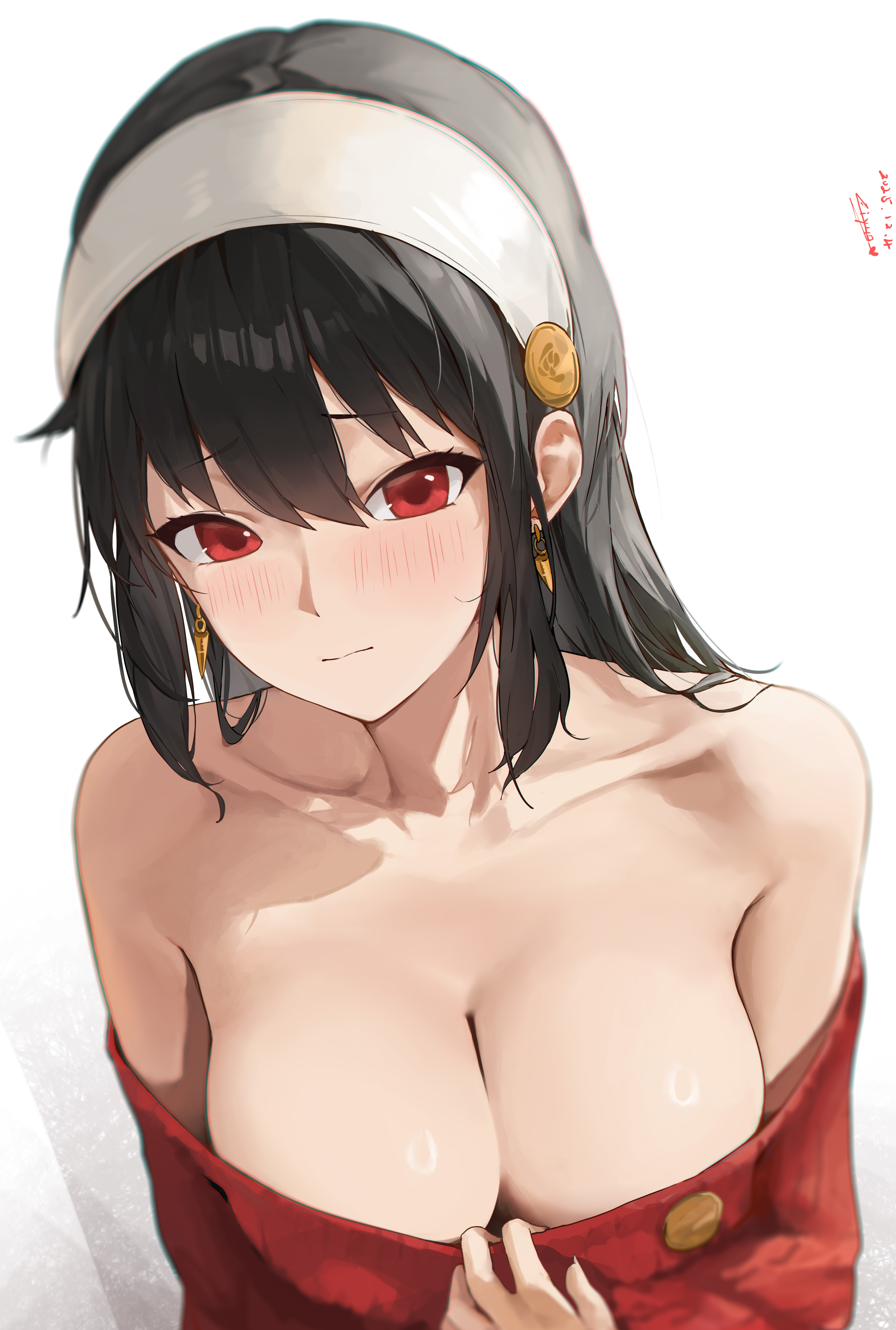absurdres, bare shoulders, black hair, blush, breasts, cleavage, collarbone, commentary request, dress, earrings, eiyuo, female, hairband, highres, jewelry, large breasts, long hair, looking at viewer, red sweater, simple background, solo, spy x family, sweater, sweater dress, upper body, white background, white hairband, yor briar, yor forger