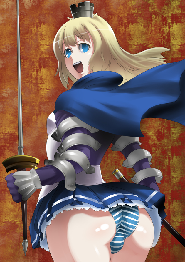 1boy ass blonde_hair blue_eyes bulge cape crossdressing crown gauntlets ippo long_hair looking_back lord_of_trash male_only open_mouth panties skirt smile solo striped striped_panties sword trap underwear weapon