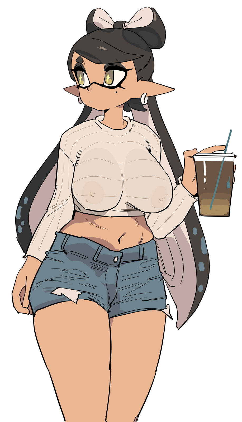 1girls, alternate breast size, big breasts, black hair, breasts, callie (splatoon), denim, denim shorts, domino mask, earrings, erect nipples, erect nipples under clothes, female, female only, grey hair, hi res, holding object, huge breasts, inkling, large breasts, light skin, light-skinned female, nintendo, no bra, open fly, pointy ears, see-through clothing, shorts, simple background, splatoon, splatoon (series), standing, tentacle hair, yuta agc