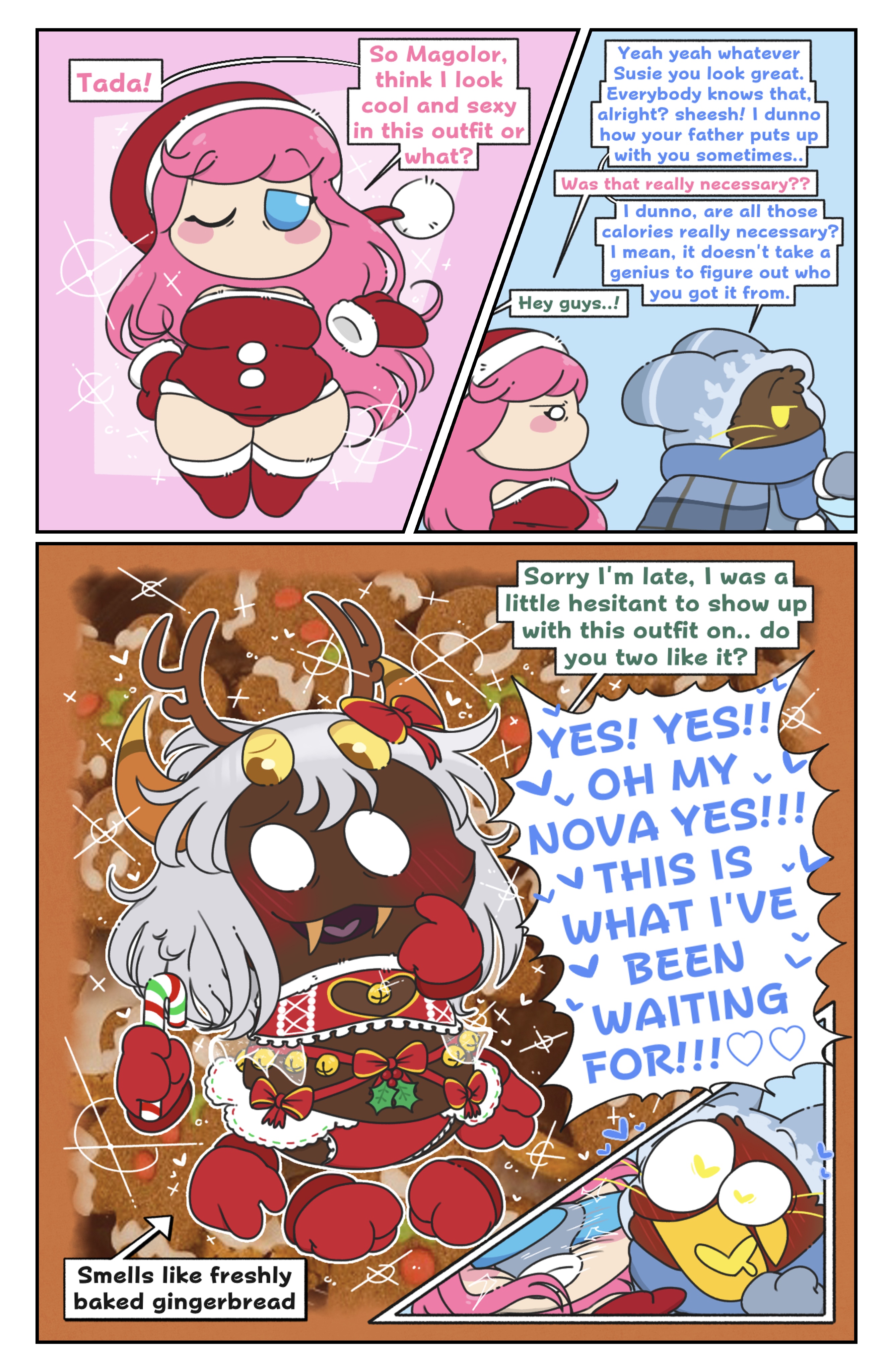 2boys, absurd res, arachnid, bells, bisexual male, blush, boob window, candy cane, christmas, christmas hat, christmas outfit, chubby female, comic, deer antlers, dialogue, feline, female, frilly clothing, gaepaws18, gingerbread cookie, heart, heart-shaped pupils, hi res, ibispaint (medium), kirby (series), kirby air riders, magolor, merry christmas, mistletoe, nintendo, non-nude, panties, pink hair, ribbons, scarf, shy male, susanna patrya haltmann, susie (kirby), taranza, thick thighs, whiskers